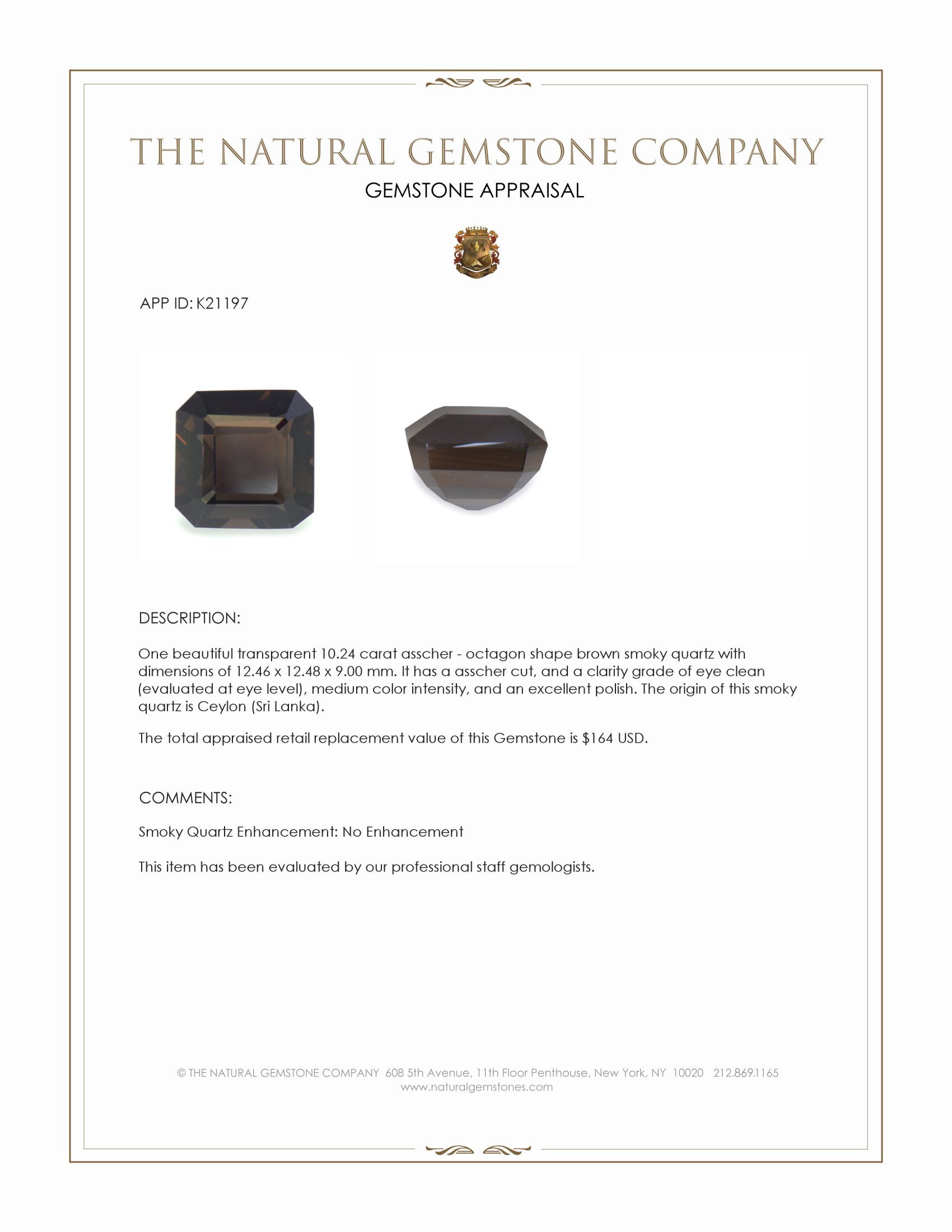 10.24 Ct. Brown Smoky Quartz from Ceylon (Sri Lanka)