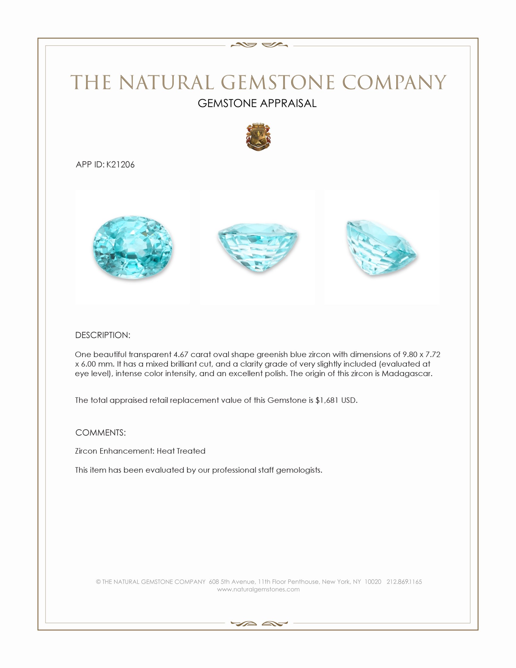 4.67 Ct. Greenish Blue Zircon from Madagascar
