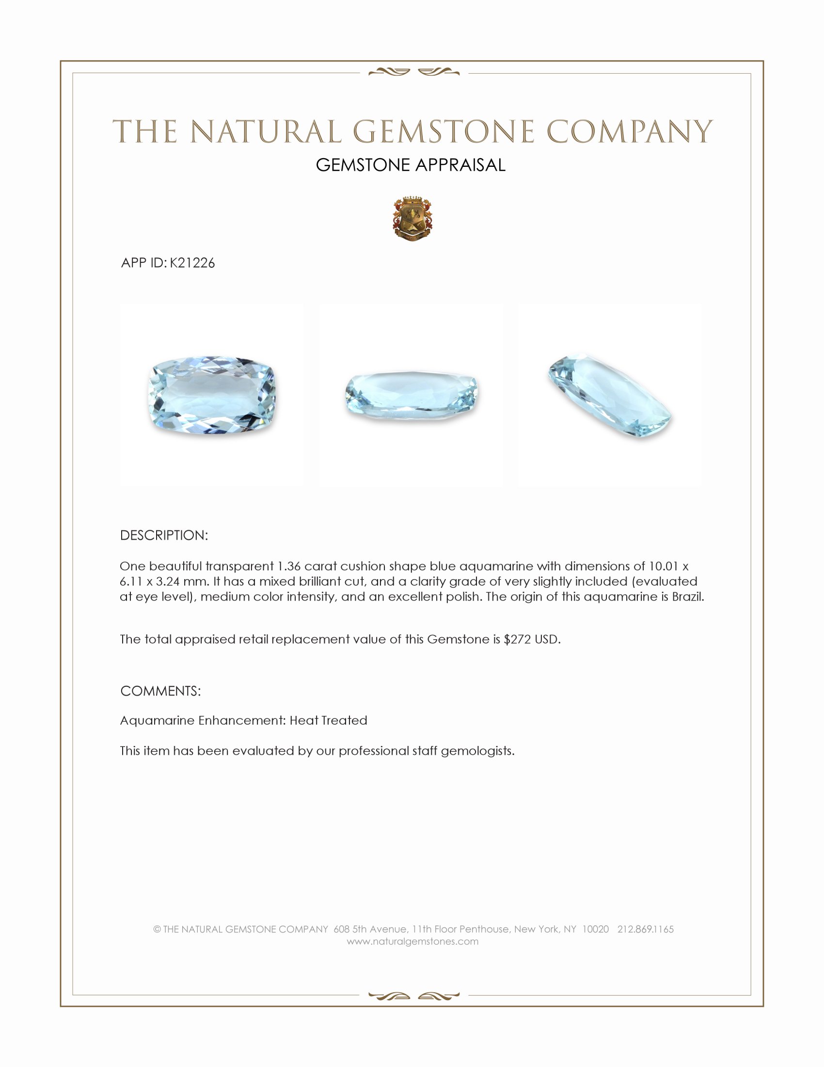 1.36 Ct. Aquamarine from Brazil