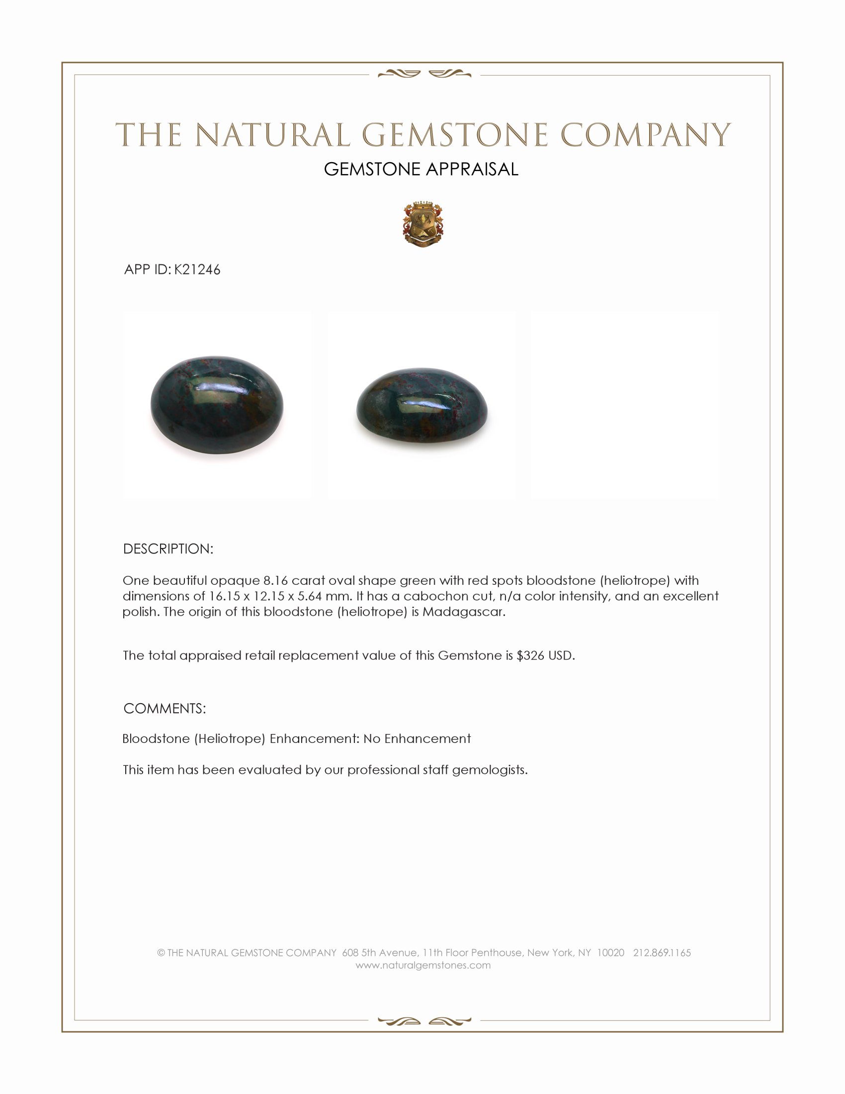 8.16 Ct. Green with Red Spots Cabochon Bloodstone (Heliotrope) from Madagascar