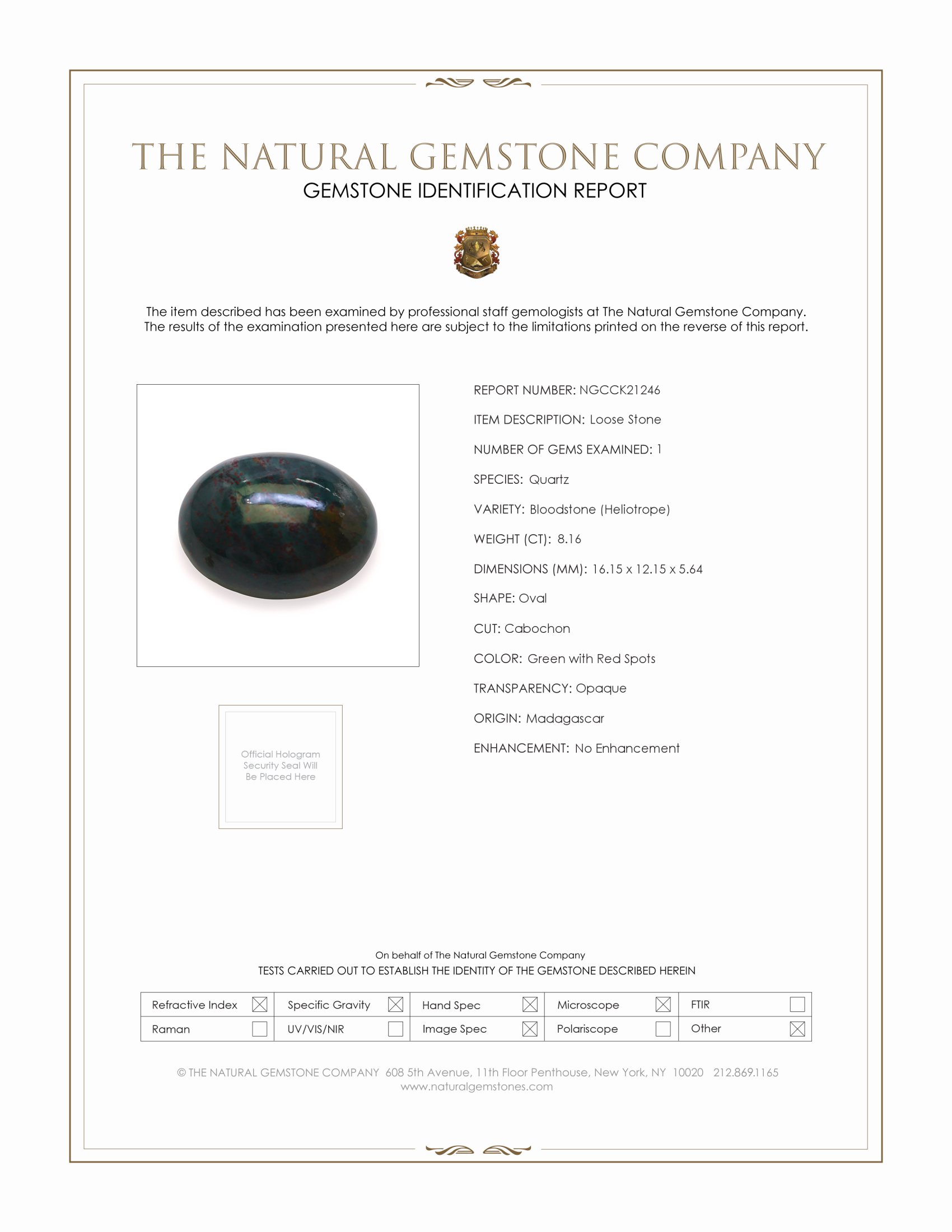 8.16 Ct. Green with Red Spots Cabochon Bloodstone (Heliotrope) from Madagascar