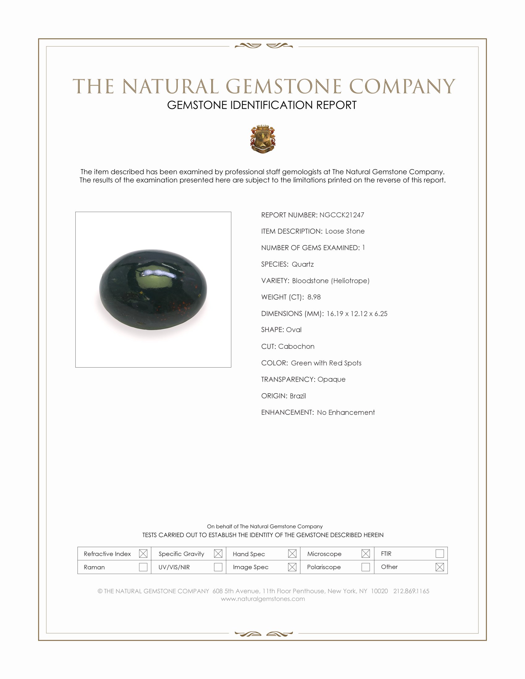 8.98 Ct. Green with Red Spots Cabochon Bloodstone (Heliotrope) from Brazil