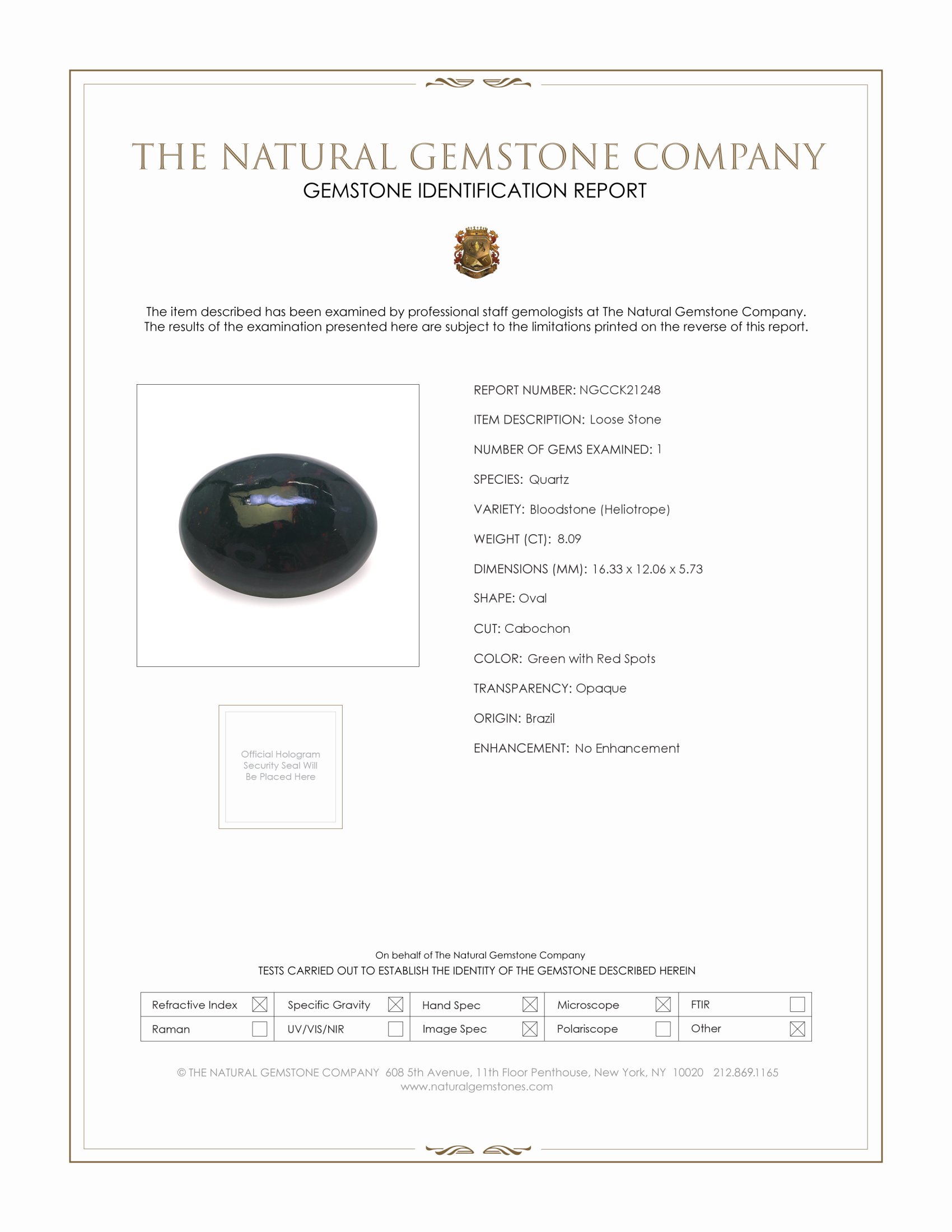 8.09 Ct. Green with Red Spots Cabochon Bloodstone (Heliotrope) from Brazil