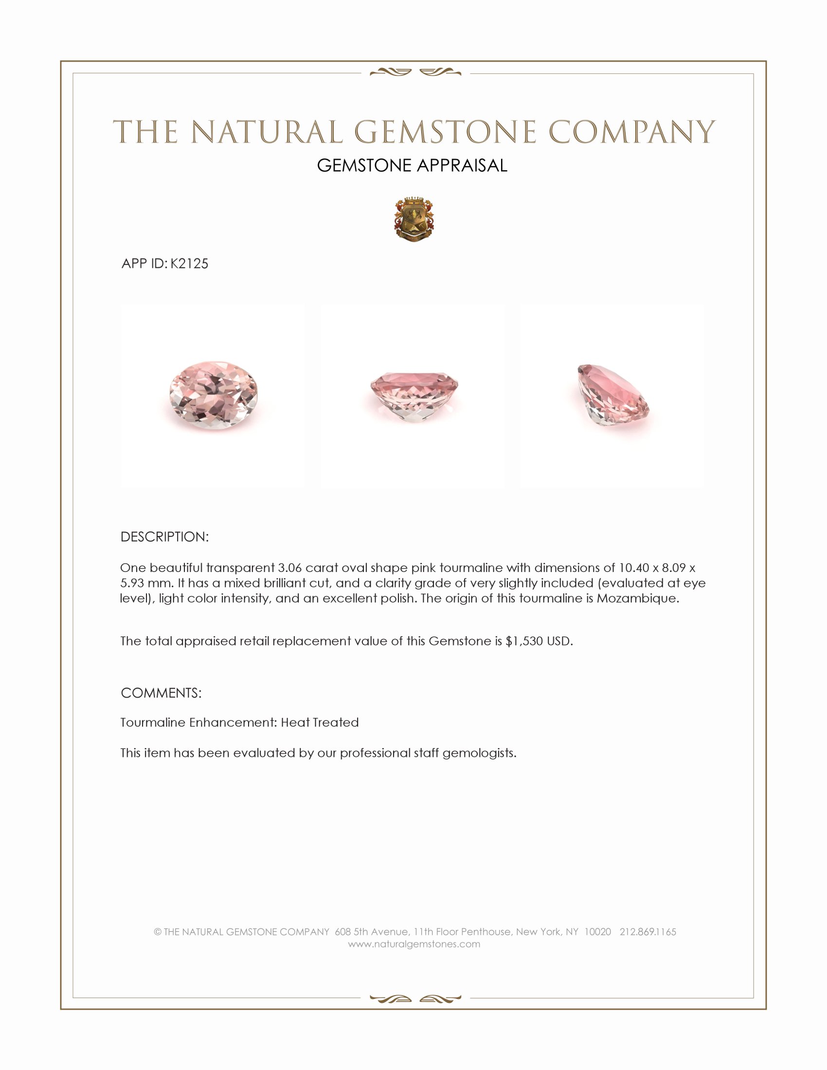 3.06 Ct. Pink Tourmaline from Mozambique