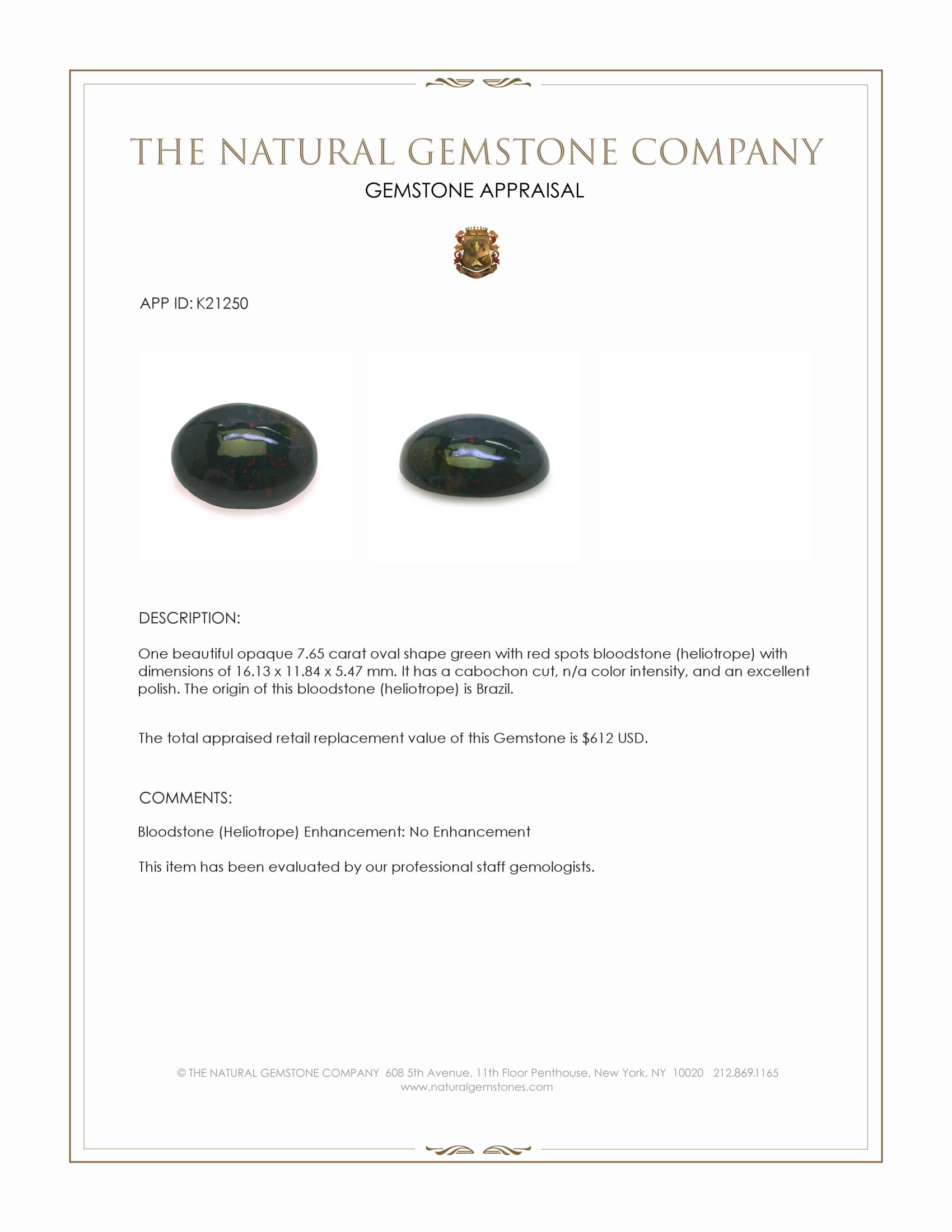 7.65 Ct. Green with Red Spots Cabochon Bloodstone (Heliotrope) from Brazil