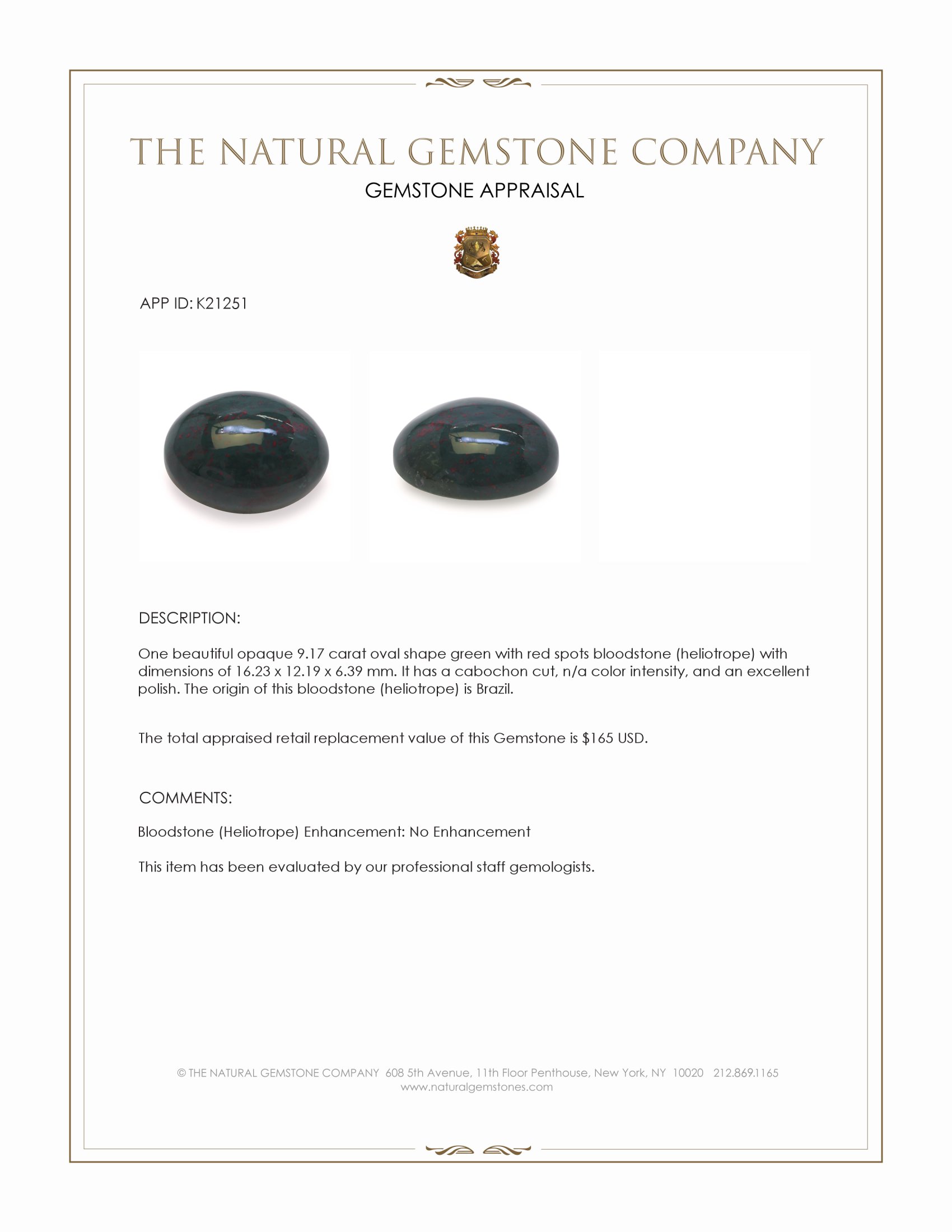 9.17 Ct. Green with Red Spots Cabochon Bloodstone (Heliotrope) from Brazil