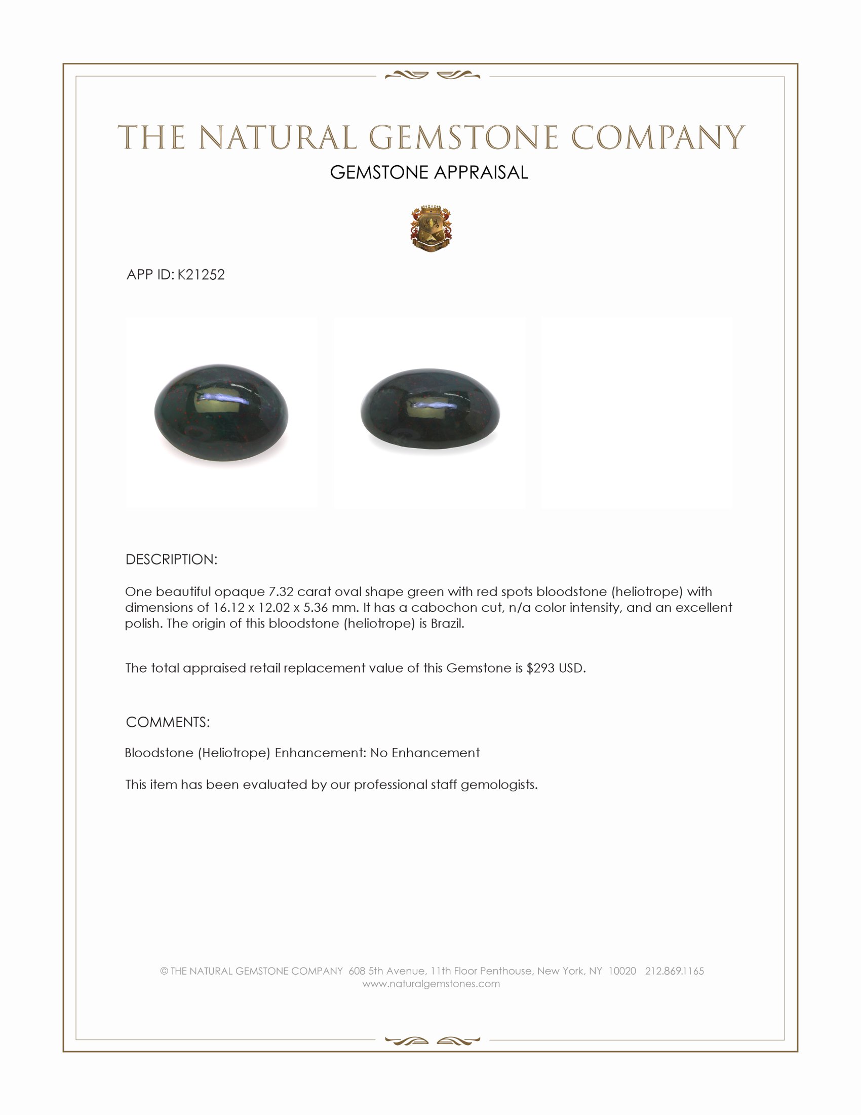 7.32 Ct. Green with Red Spots Cabochon Bloodstone (Heliotrope) from Brazil