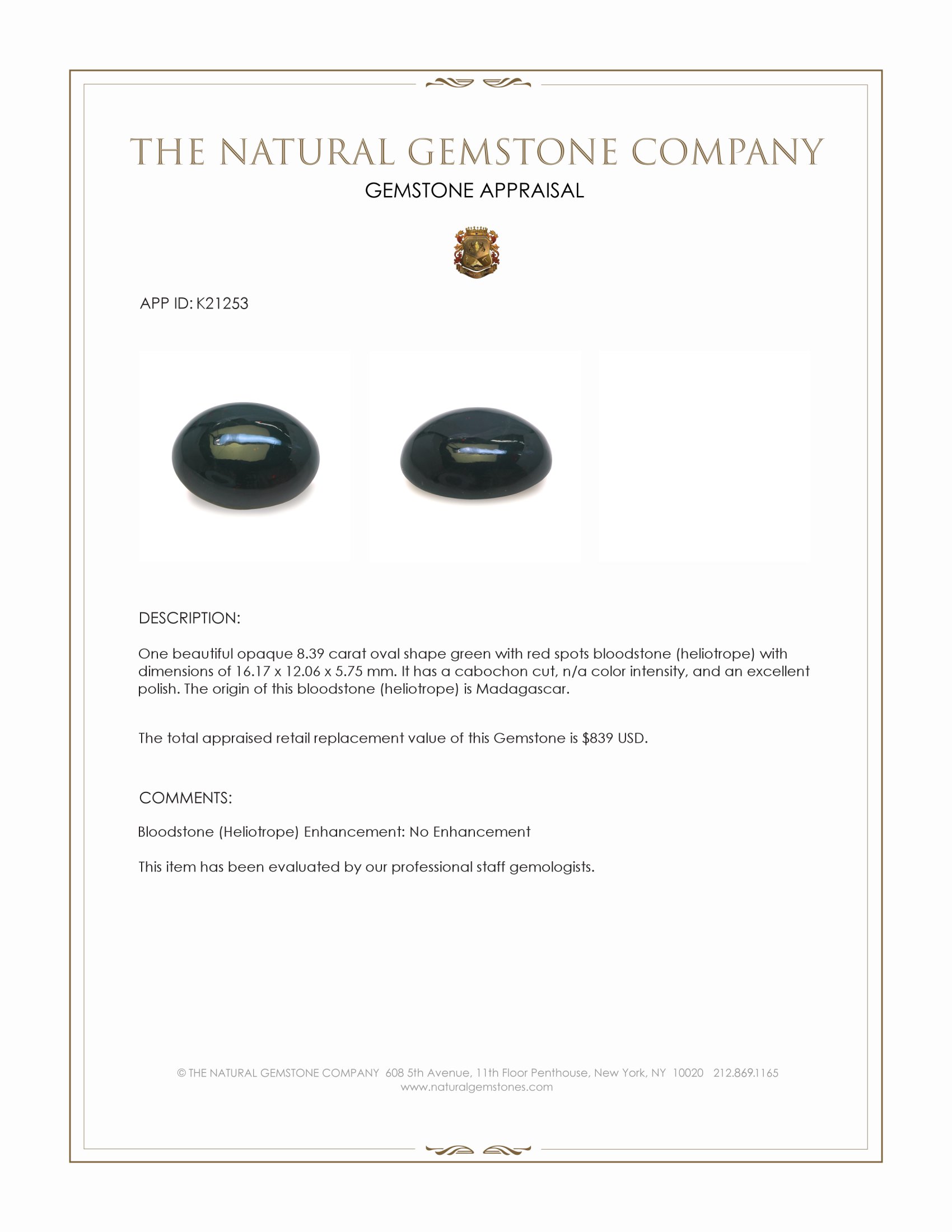8.39 Ct. Green with Red Spots Cabochon Bloodstone (Heliotrope) from Madagascar