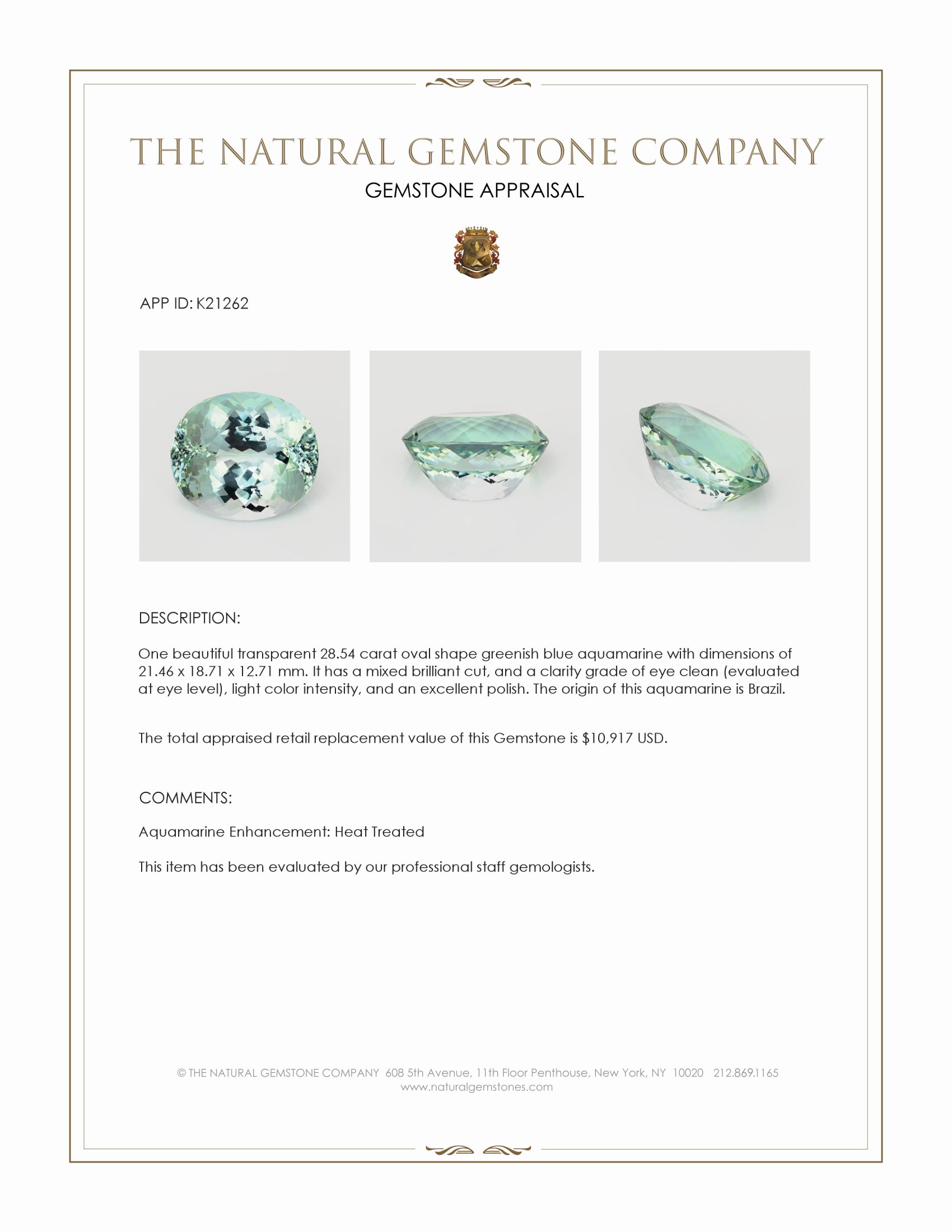 28.54 Ct. Greenish Blue Aquamarine from Brazil