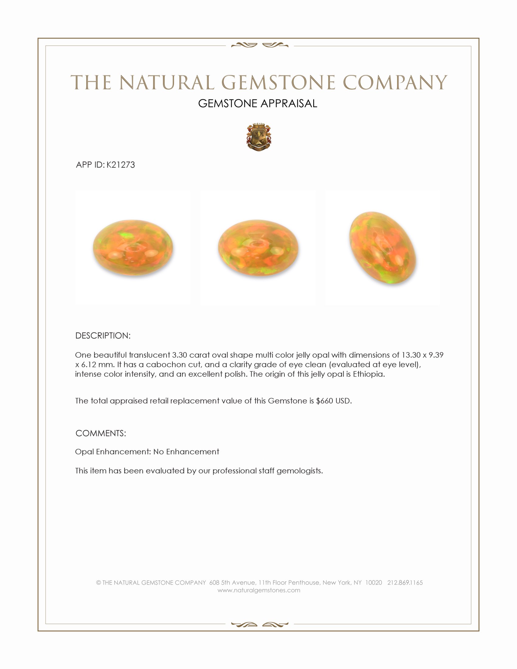 3.30 Ct. Cabochon Jelly Opal from Ethiopia