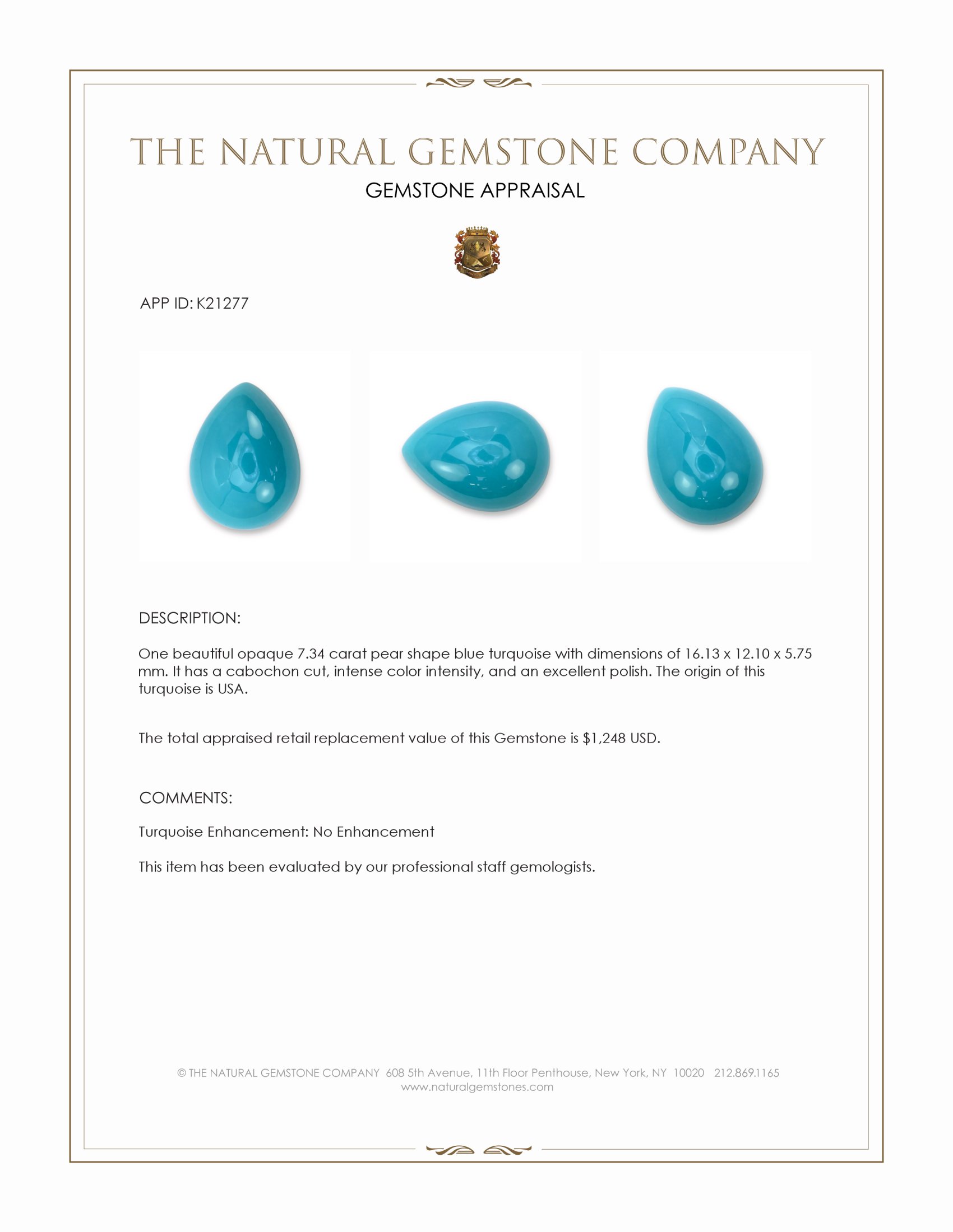 7.34 Ct. Blue Cabochon Turquoise from USA