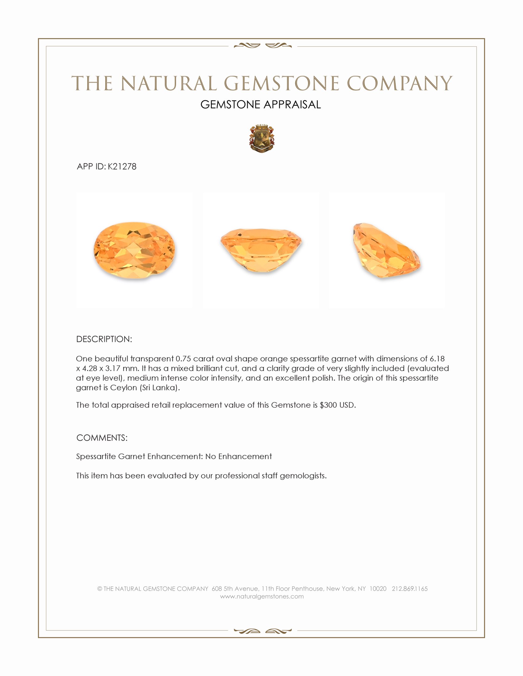 0.75 Ct. Spessartite Garnet from Ceylon (Sri Lanka)