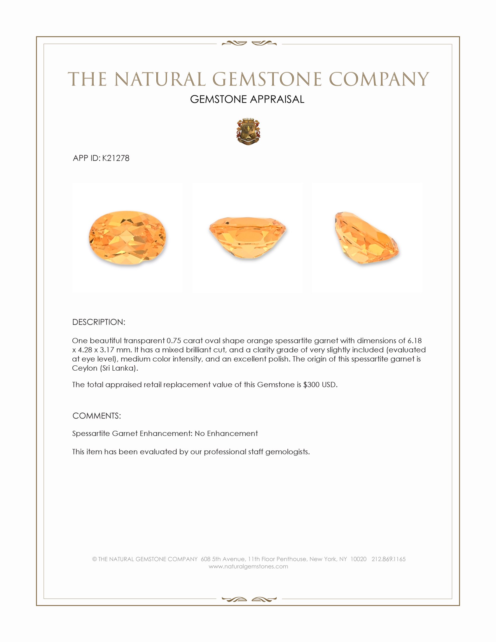 0.75 Ct. Spessartite Garnet from Ceylon (Sri Lanka)