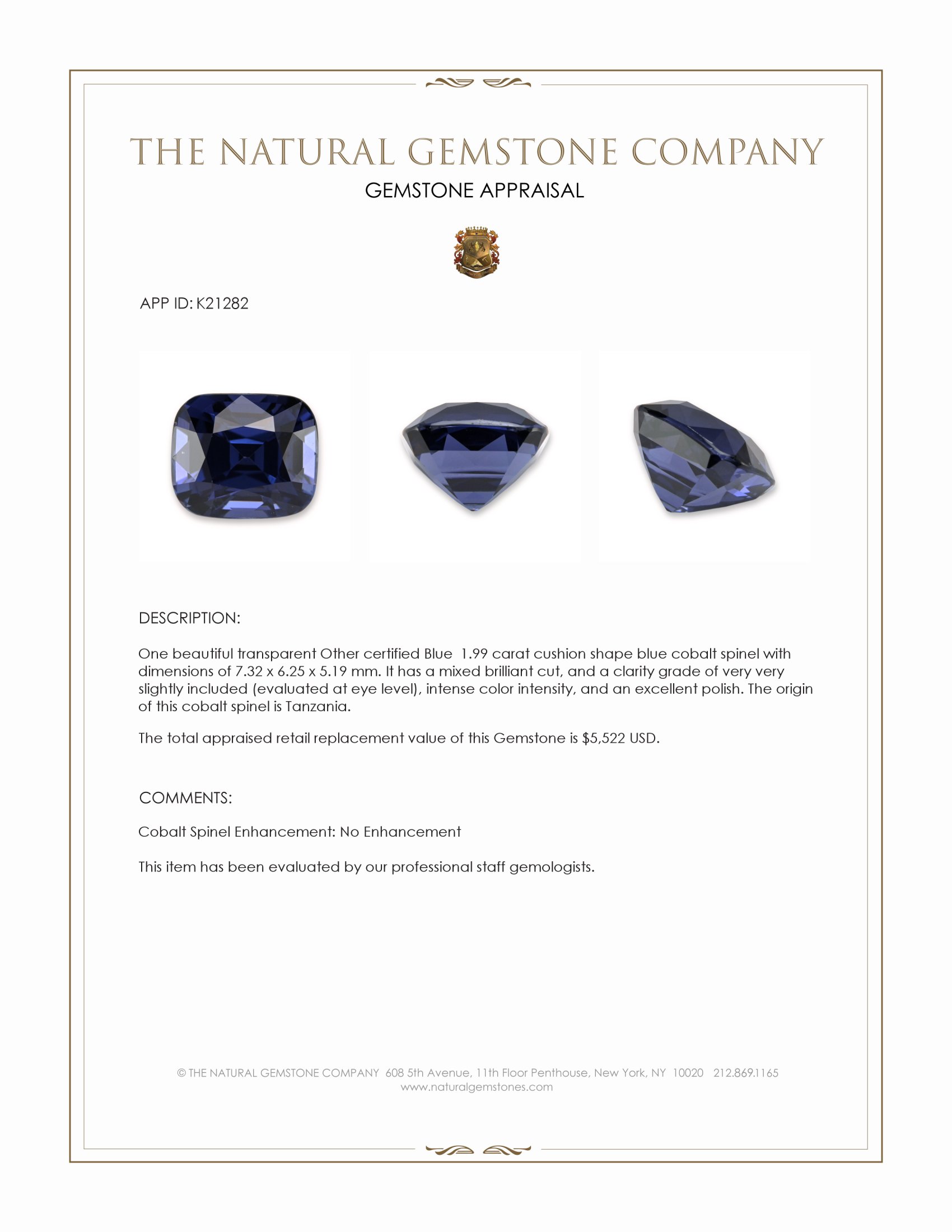 1.99 Ct. Blue Cobalt Spinel from Tanzania