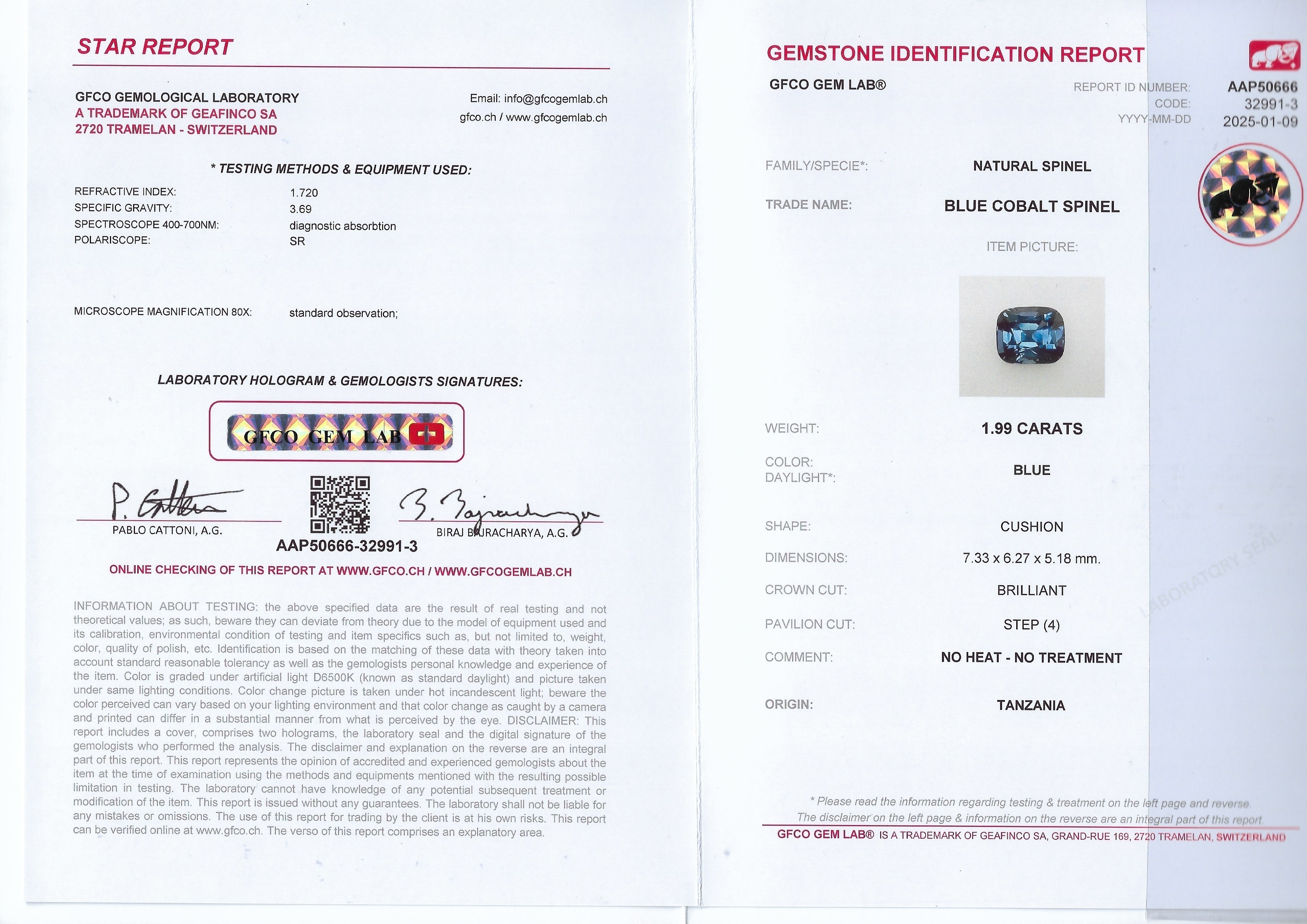 1.99 Ct. Cobalt Spinel from Tanzania