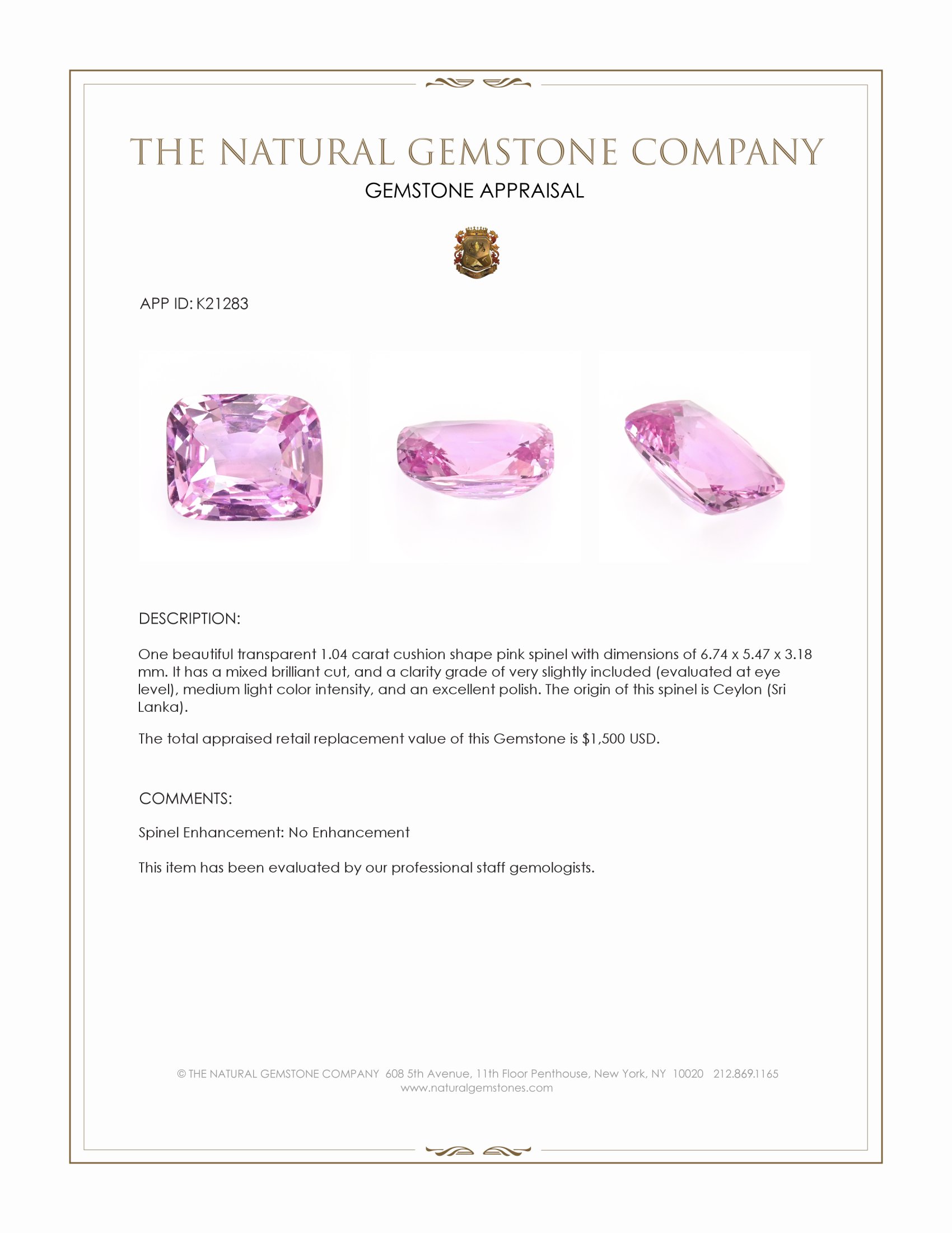 1.04 Ct. Spinel from Ceylon (Sri Lanka)