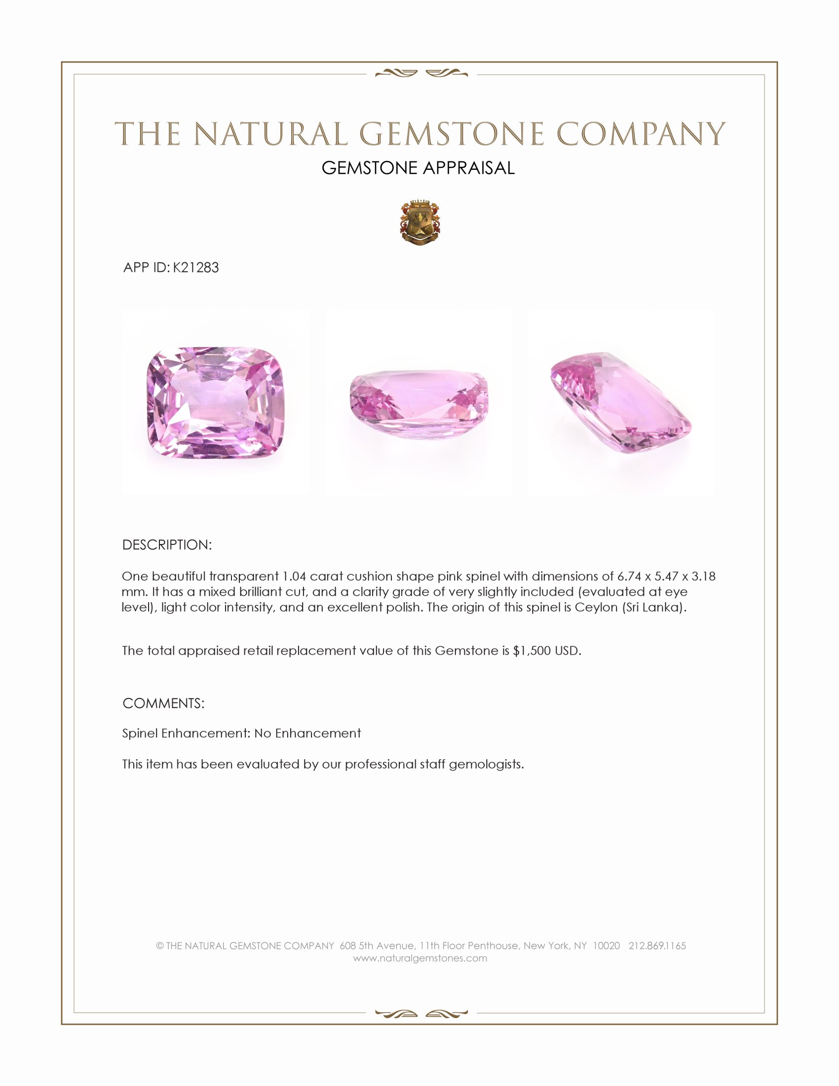 1.04 Ct. Spinel from Ceylon (Sri Lanka)