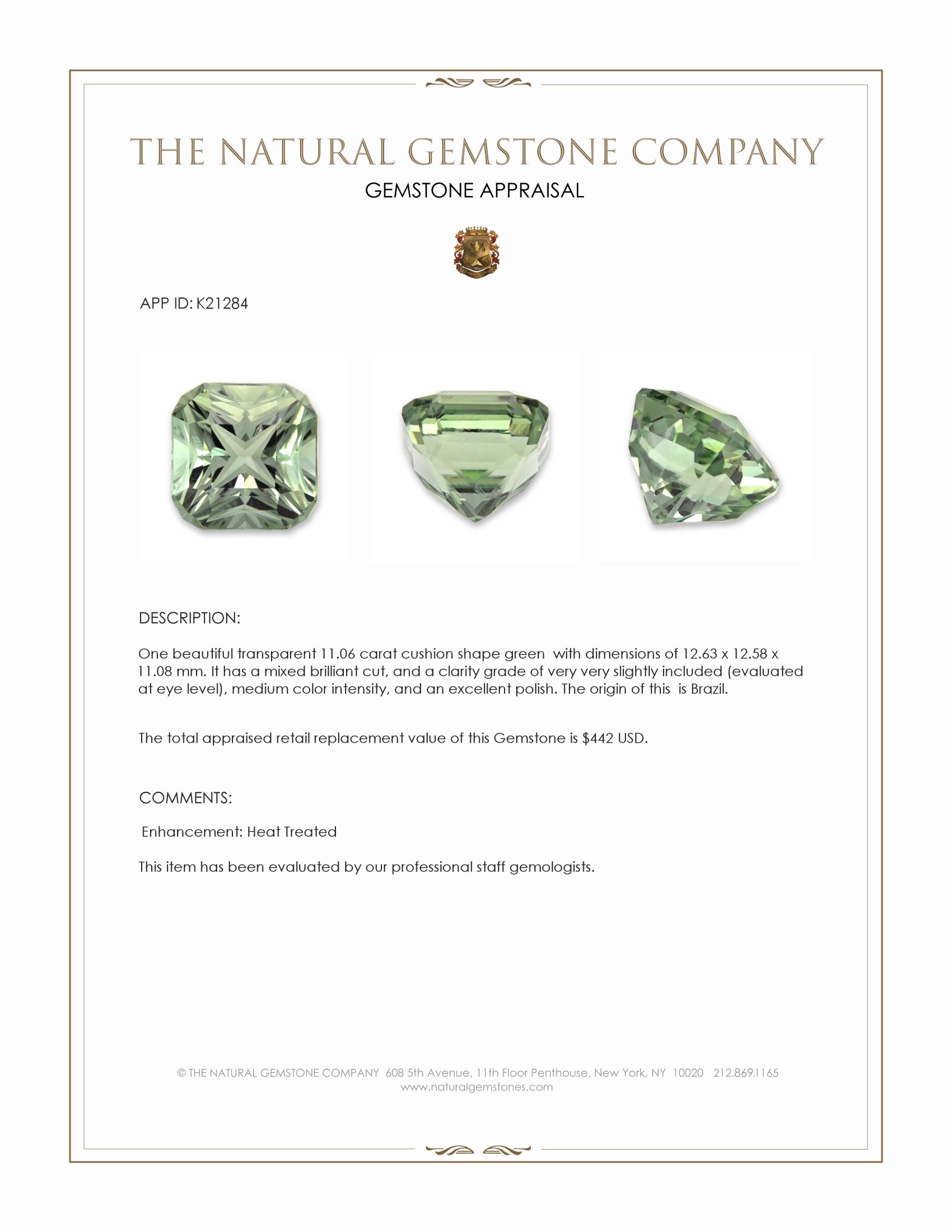 11.06 Ct. Green Prasiolite from Brazil