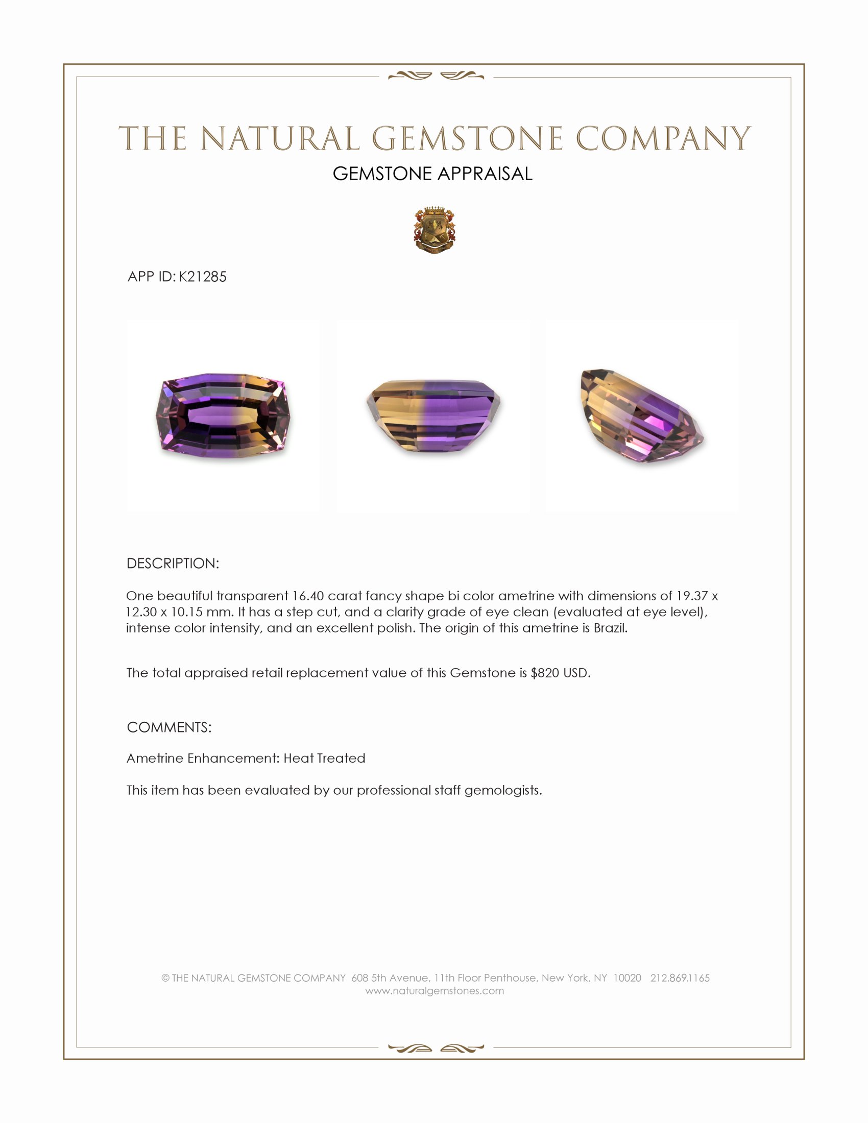 16.40 Ct. Bi Color Ametrine from Brazil