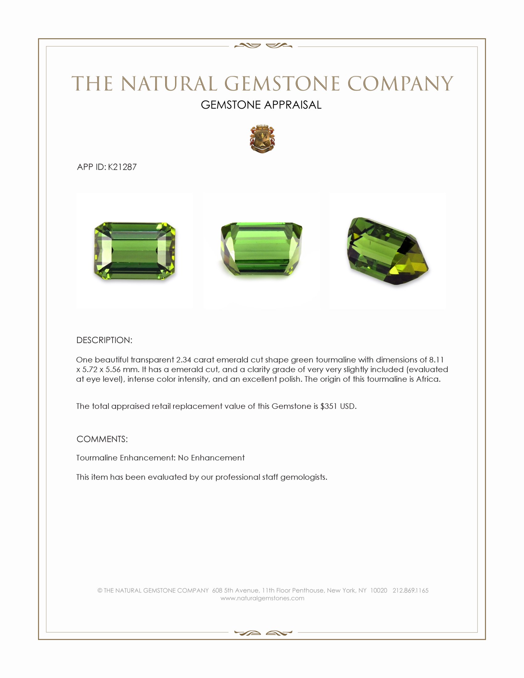 2.34 Ct. Green Tourmaline from Africa