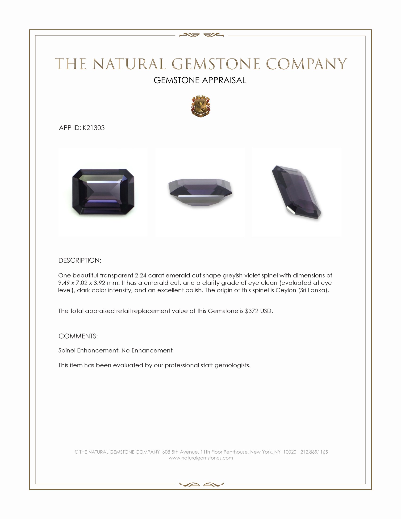 2.24 Ct. Greyish Violet Spinel from Ceylon (Sri Lanka)
