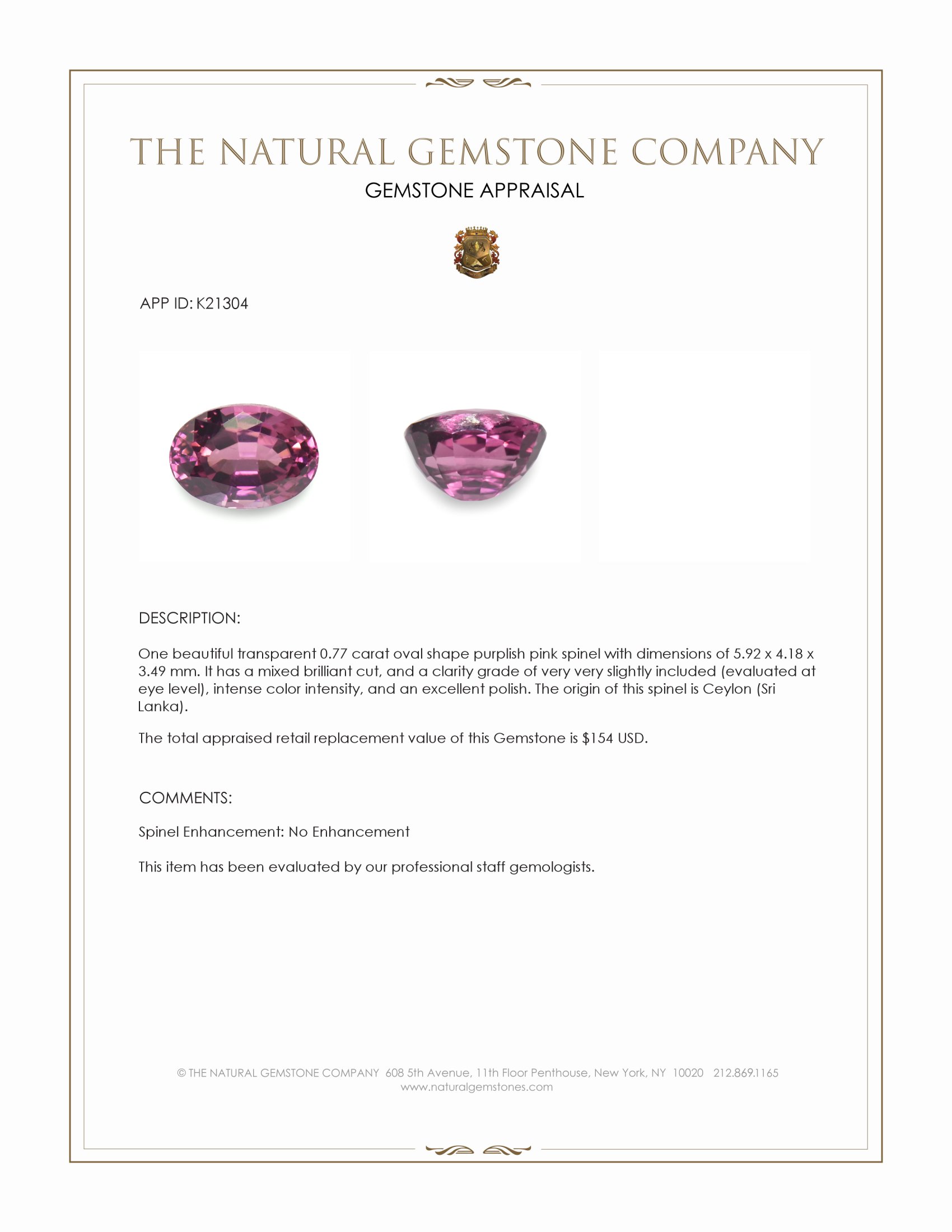 0.77 Ct. Spinel from Ceylon (Sri Lanka)