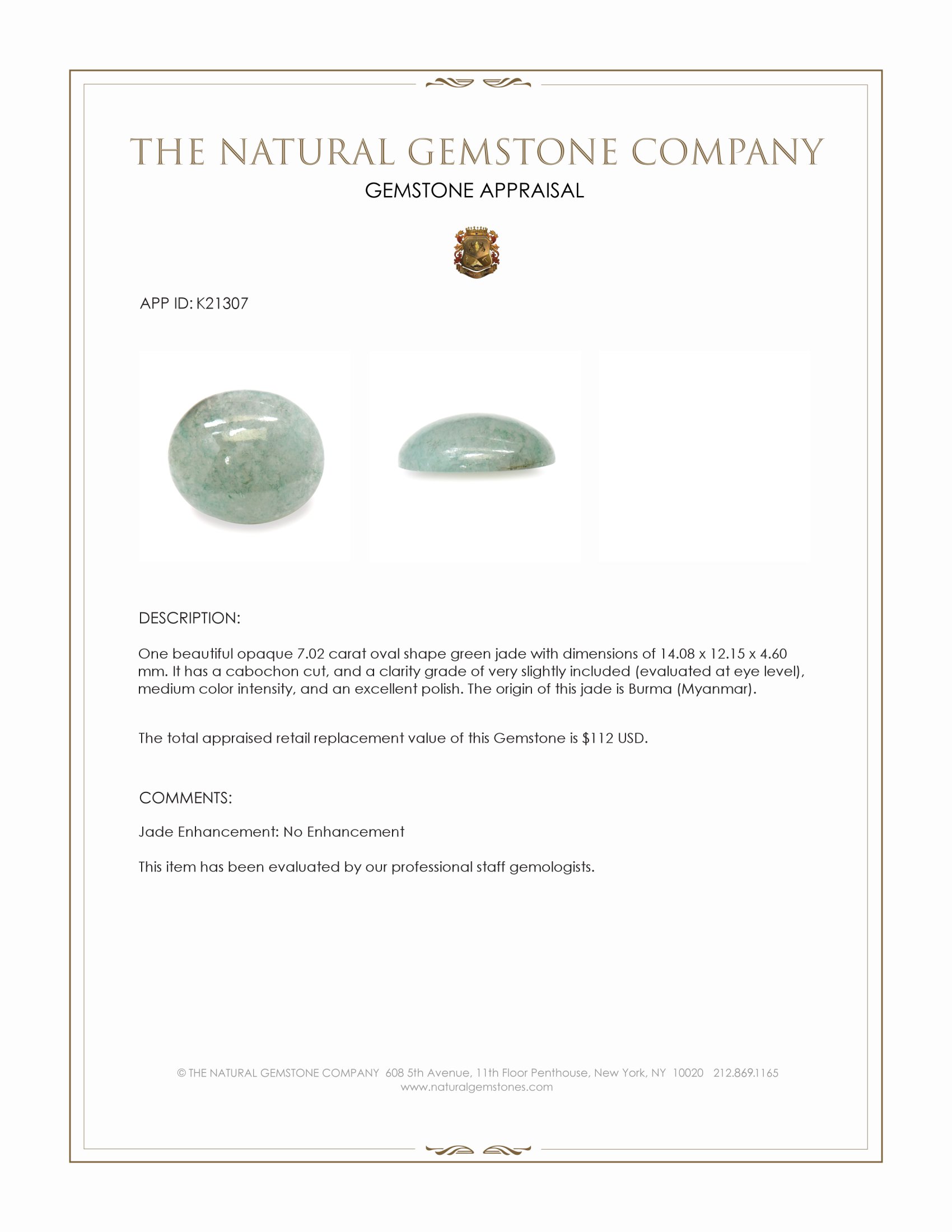 7.02 Ct. Cabochon Jade from Burma (Myanmar)