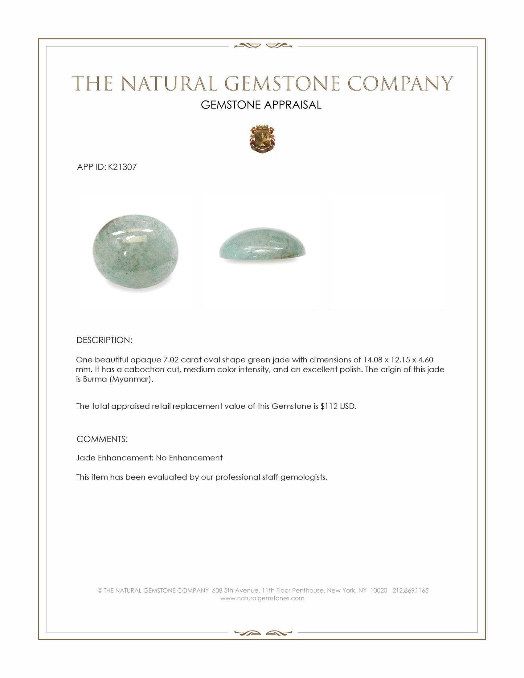 7.02 Ct. Green Cabochon Jade from Burma (Myanmar)