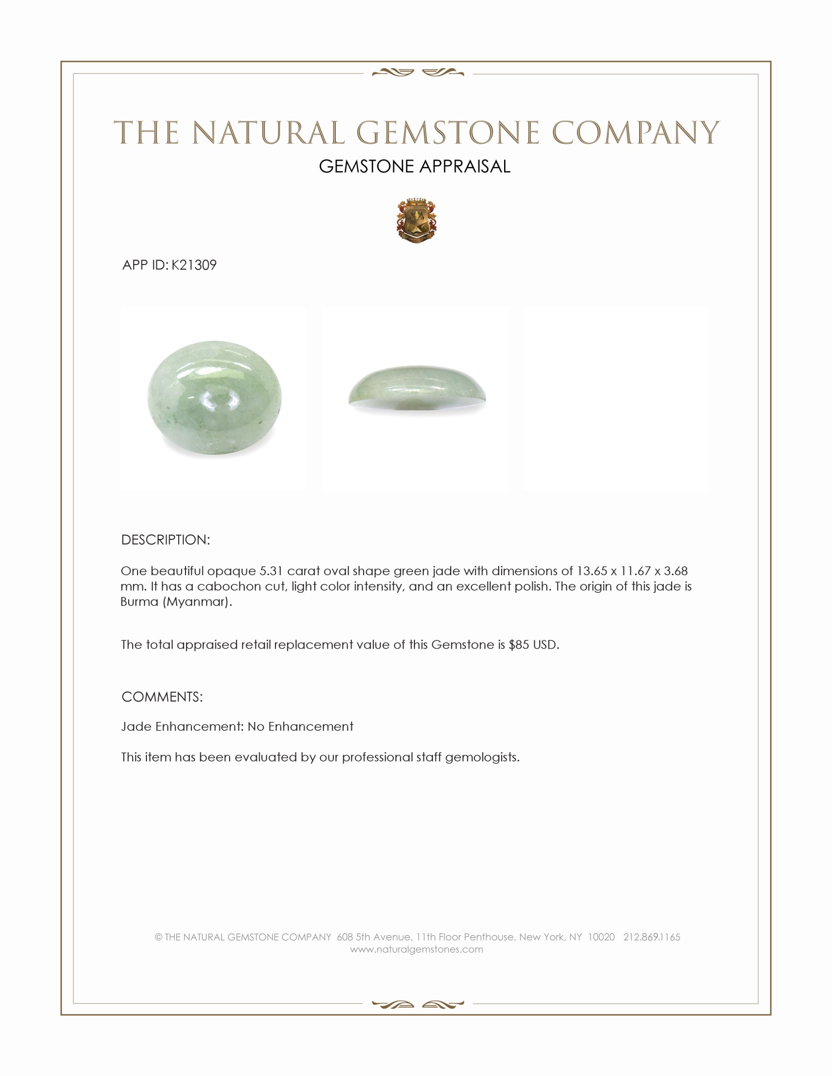 5.31 Ct. Green Cabochon Jade from Burma (Myanmar)