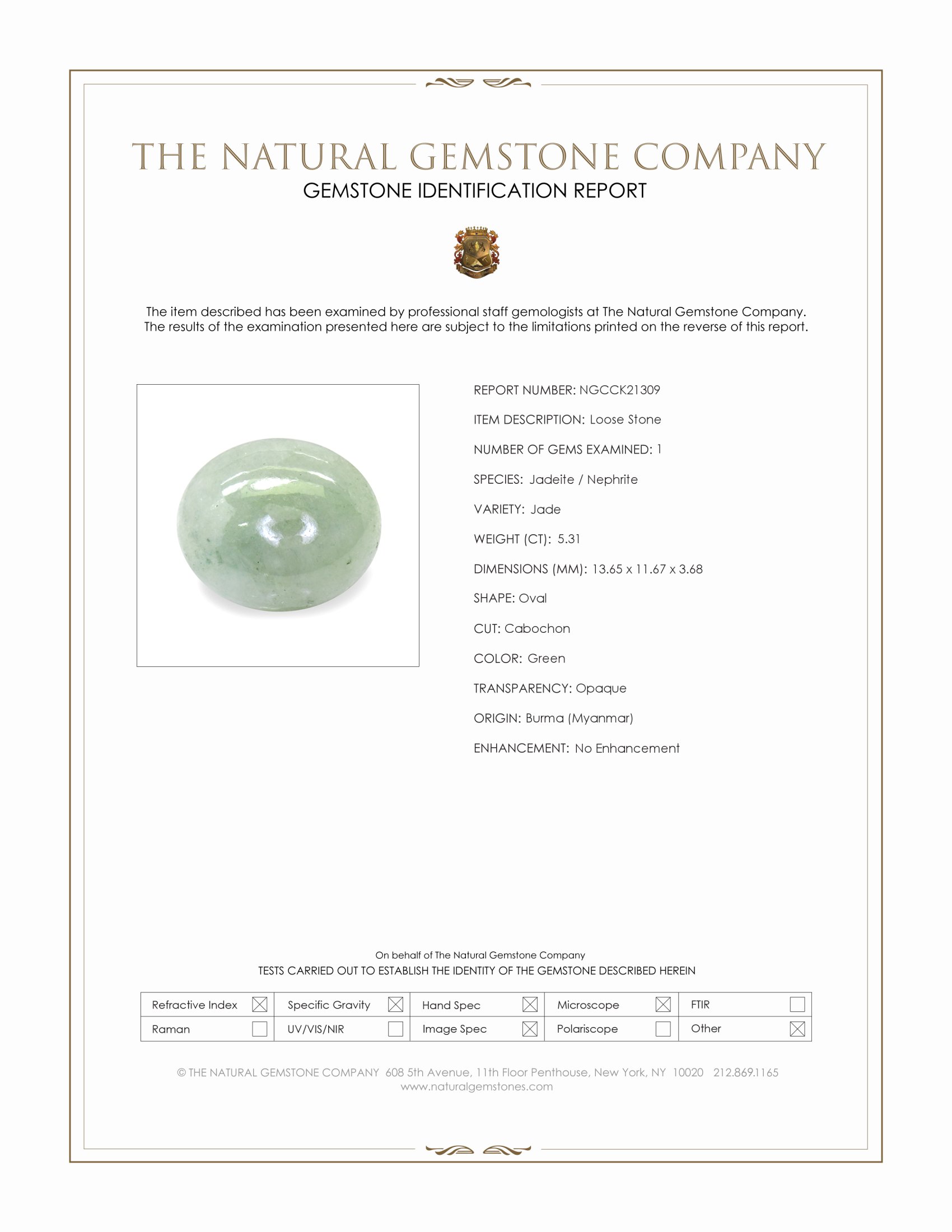 5.31 Ct. Green Cabochon Jade from Burma (Myanmar)