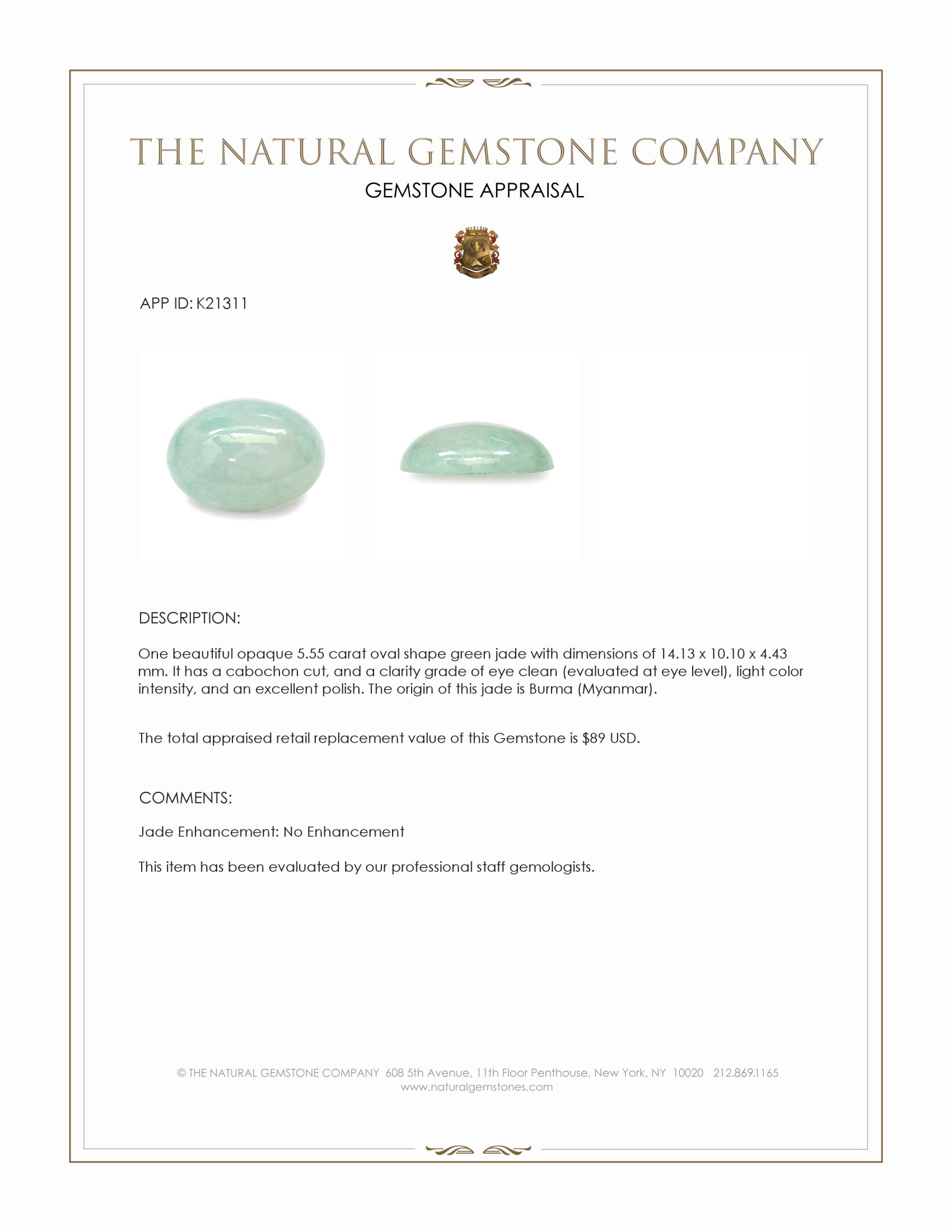 5.55 Ct. Green Cabochon Jade from Burma (Myanmar)