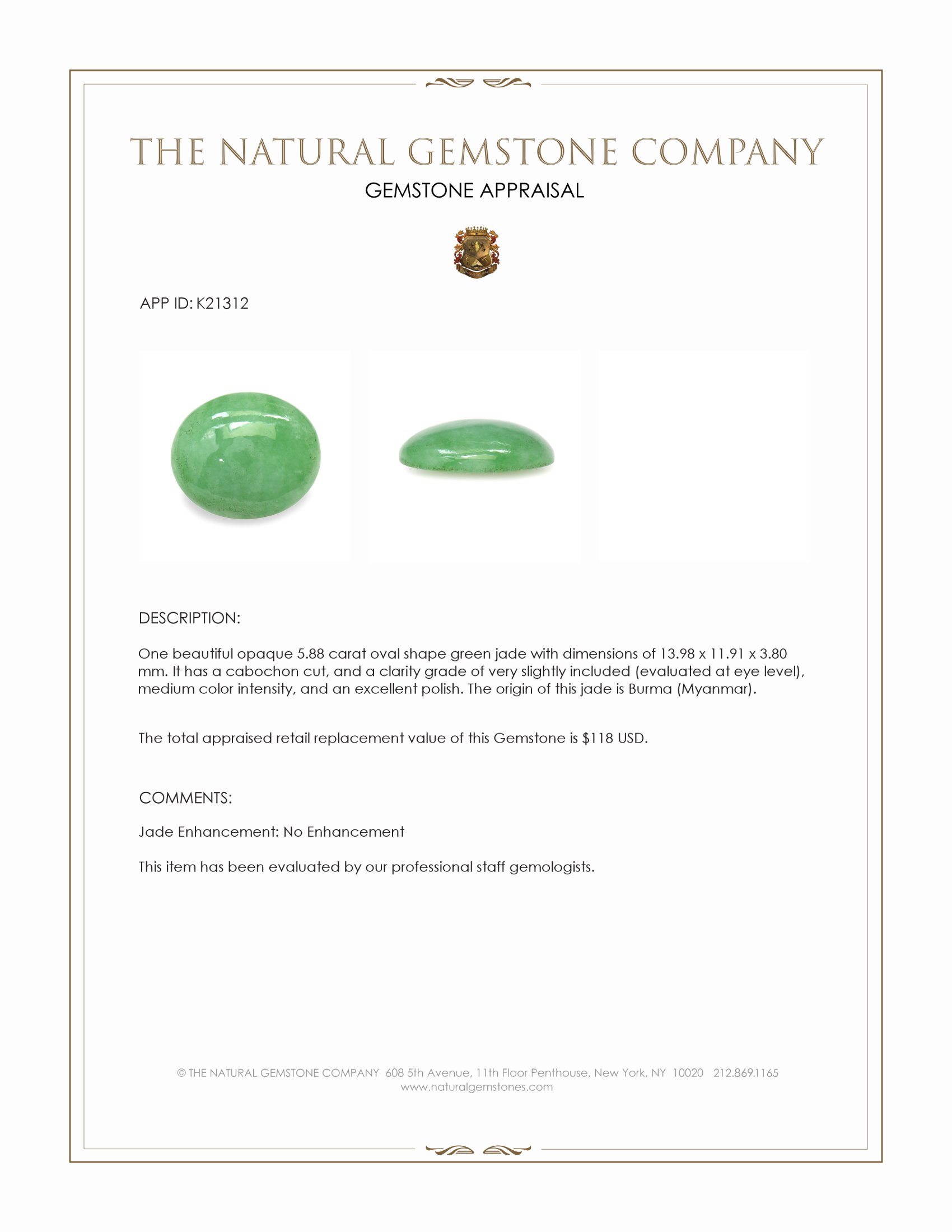 5.88 Ct. Green Cabochon Jade from Burma (Myanmar)