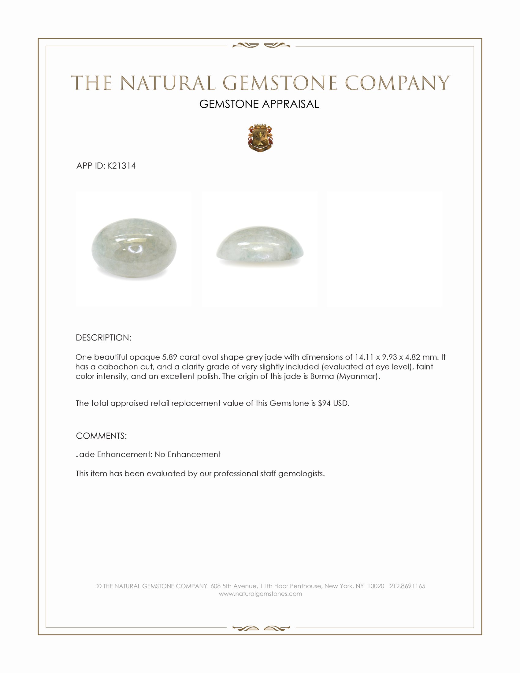 5.89 Ct. Grey Cabochon Jade from Burma (Myanmar)