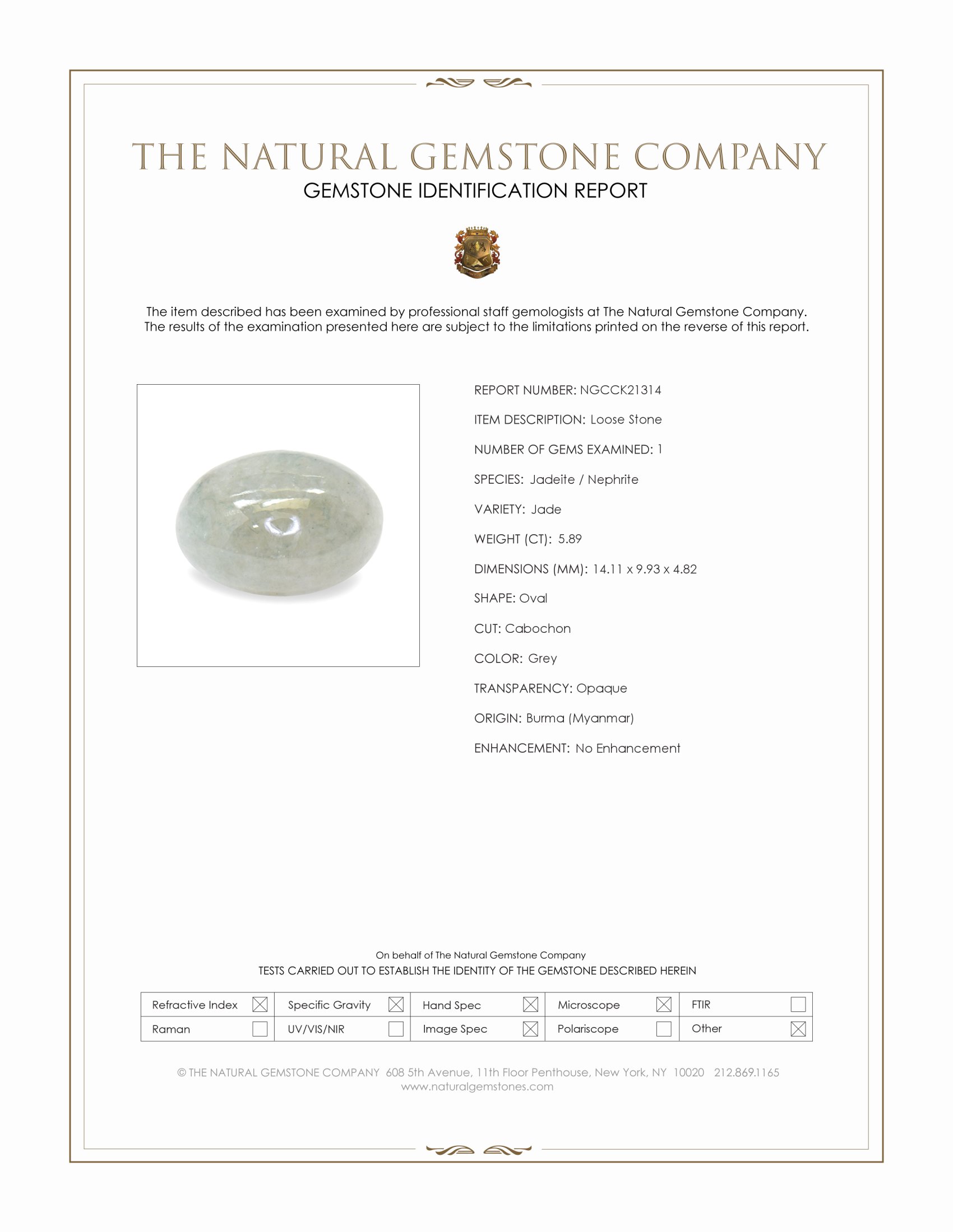 5.89 Ct. Grey Cabochon Jade from Burma (Myanmar)