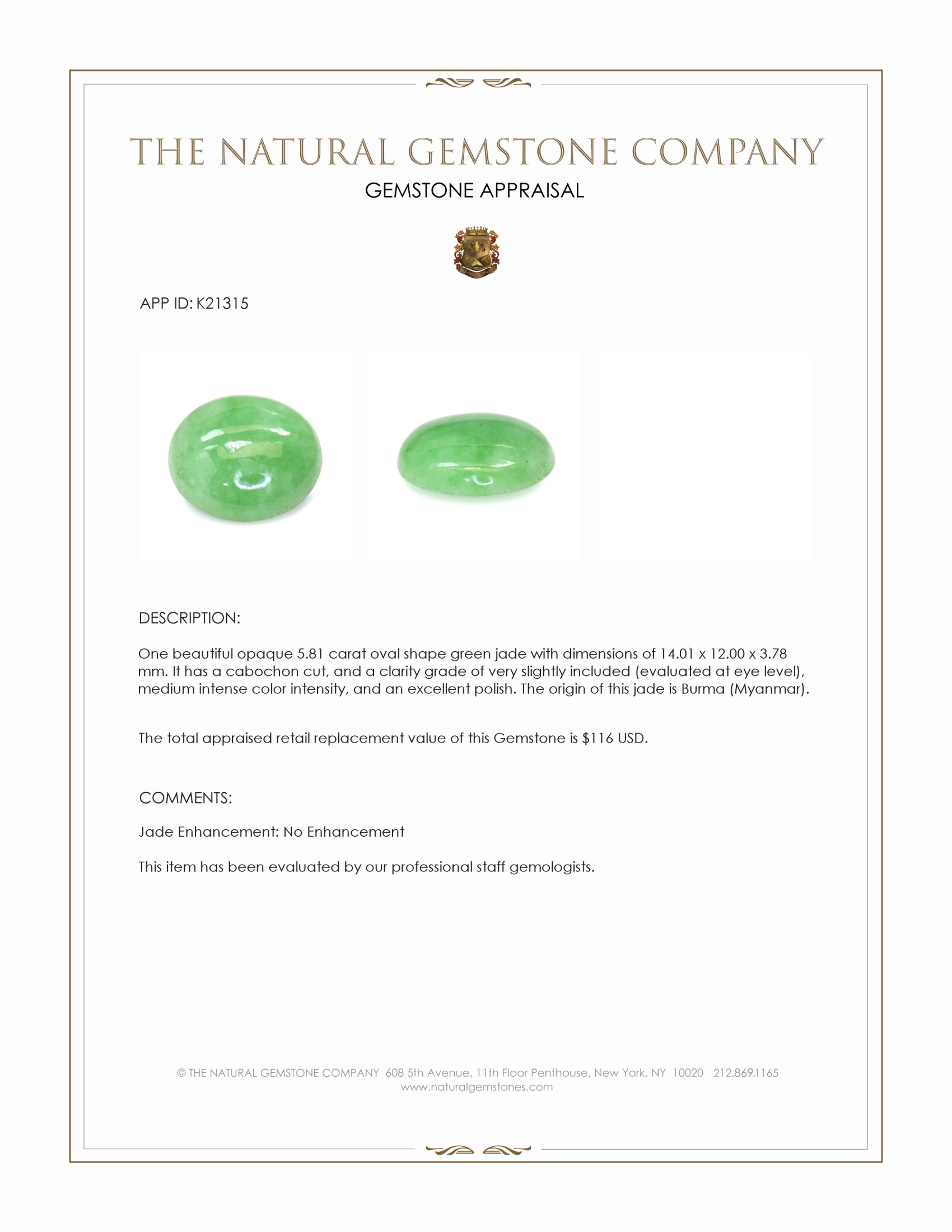 5.81 Ct. Green Cabochon Jade from Burma (Myanmar)