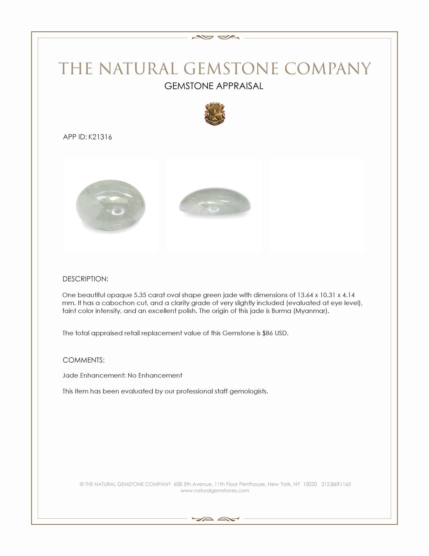5.35 Ct. Green Cabochon Jade from Burma (Myanmar)