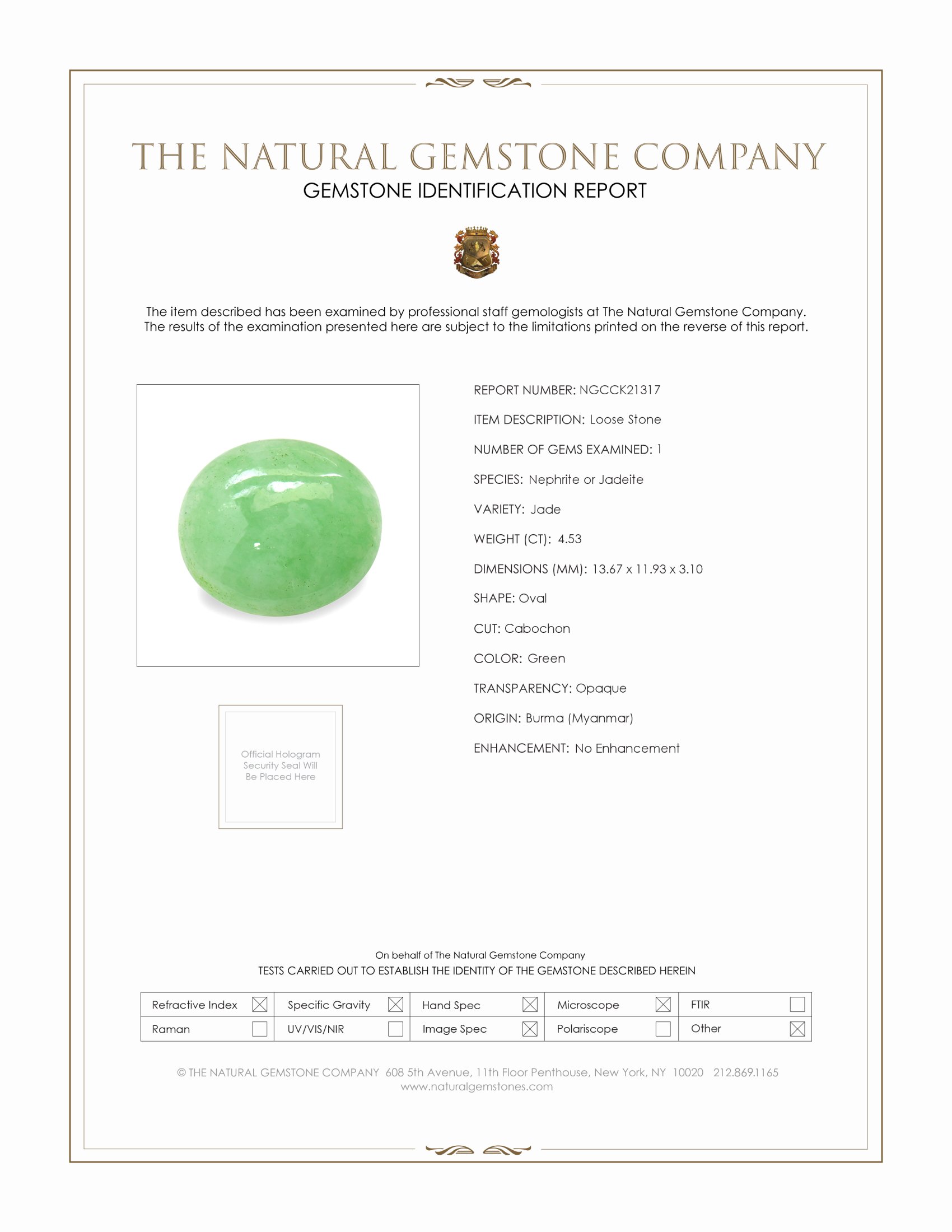 4.53 Ct. Green Cabochon Jade from Burma (Myanmar)