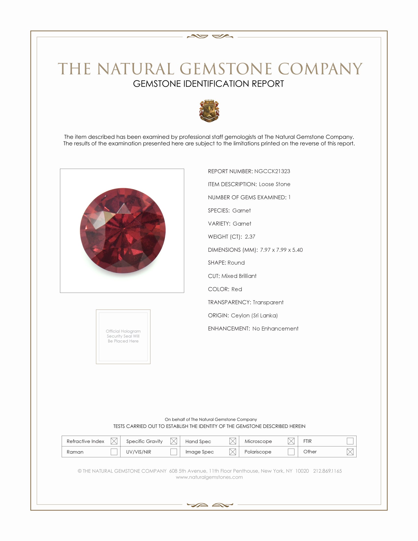 2.37 Ct. Red Garnet from Ceylon (Sri Lanka)