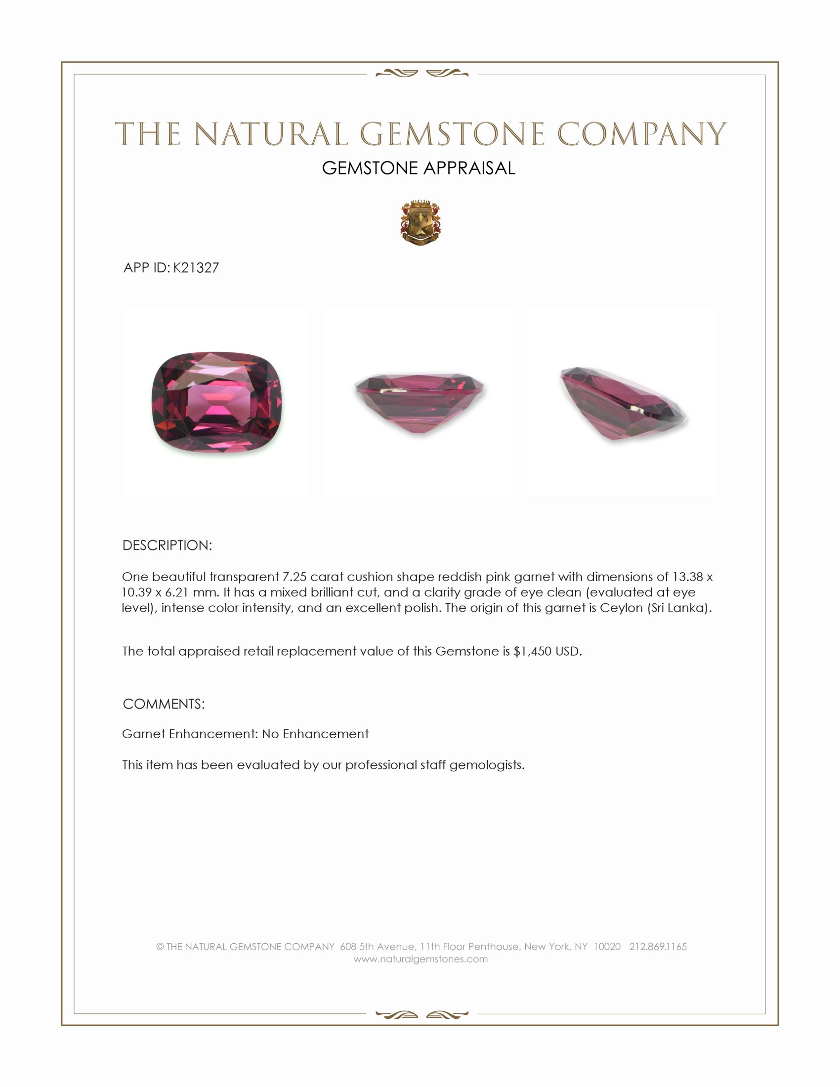 7.25 Ct. Reddish Pink Garnet from Ceylon (Sri Lanka)