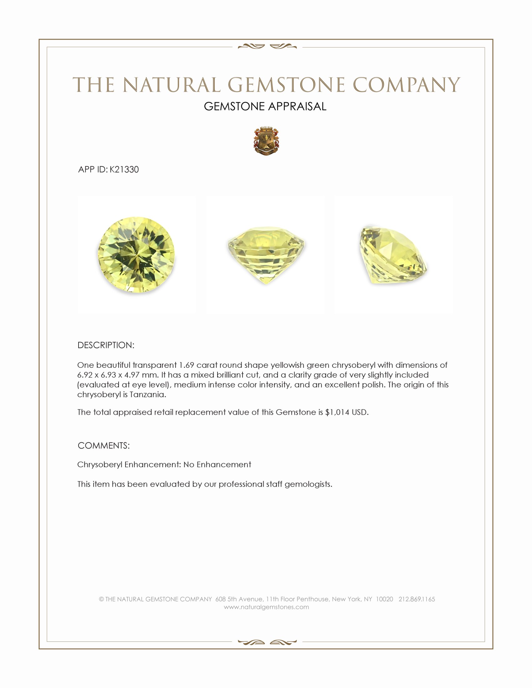 1.69 Ct. Chrysoberyl from Tanzania