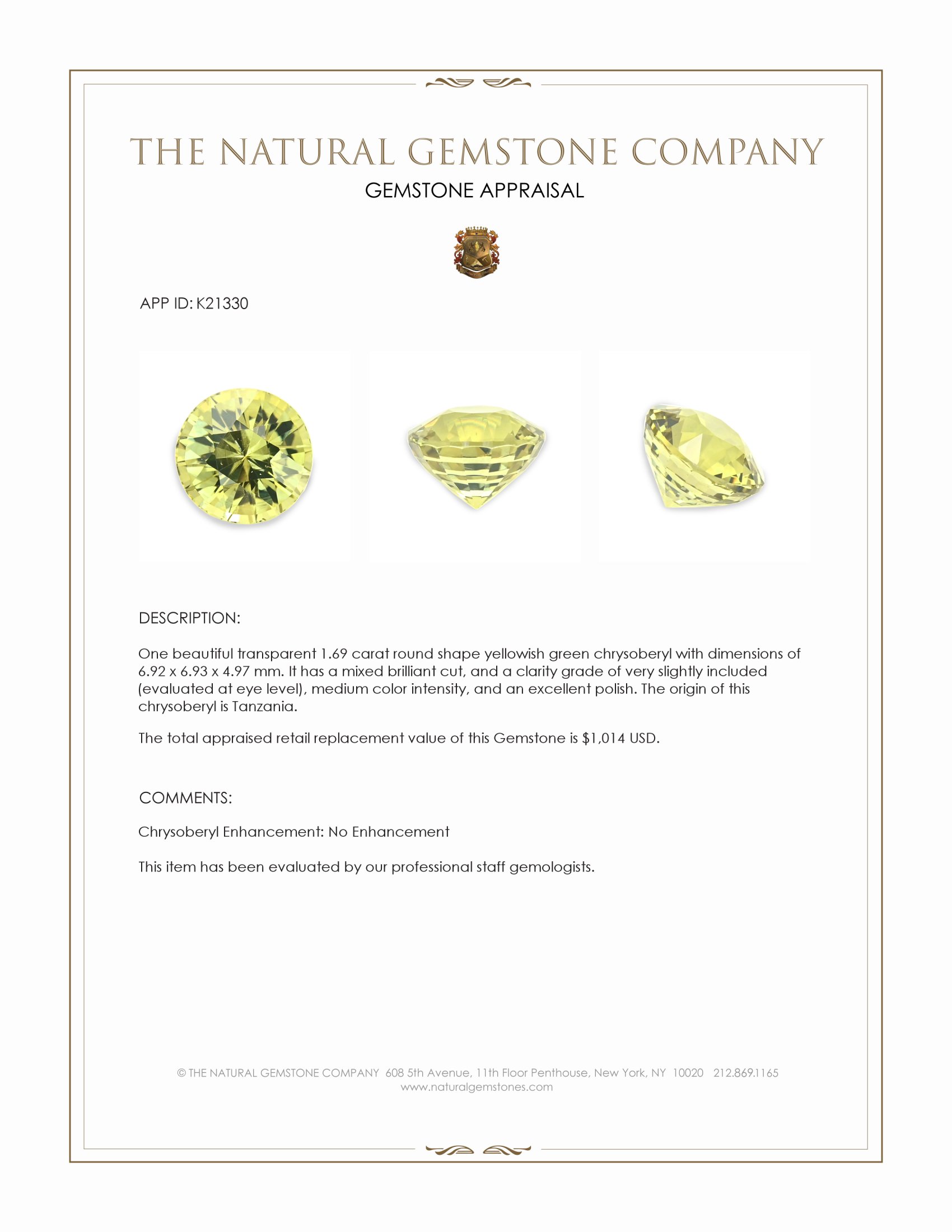 1.69 Ct. Chrysoberyl from Tanzania