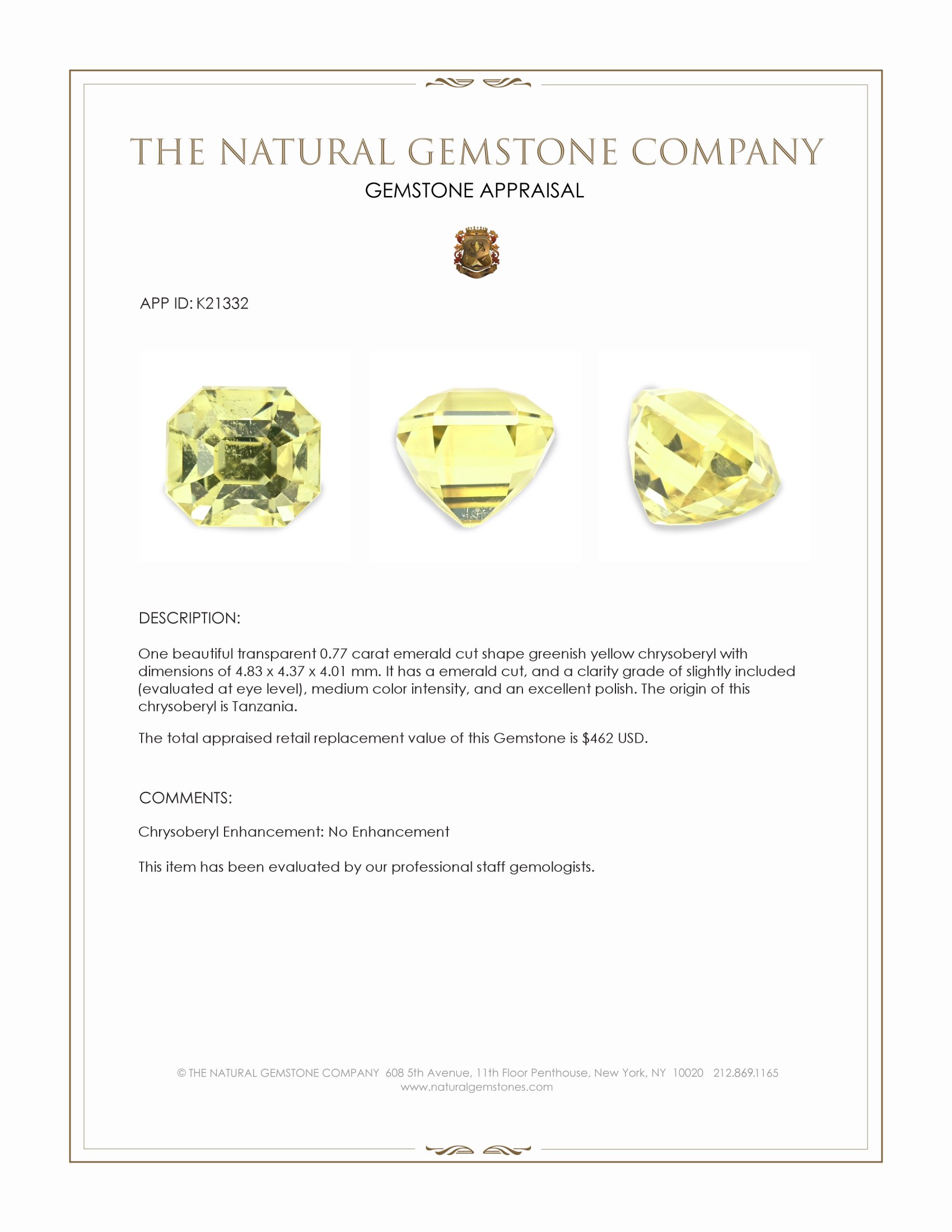 0.77 Ct. Chrysoberyl from Tanzania