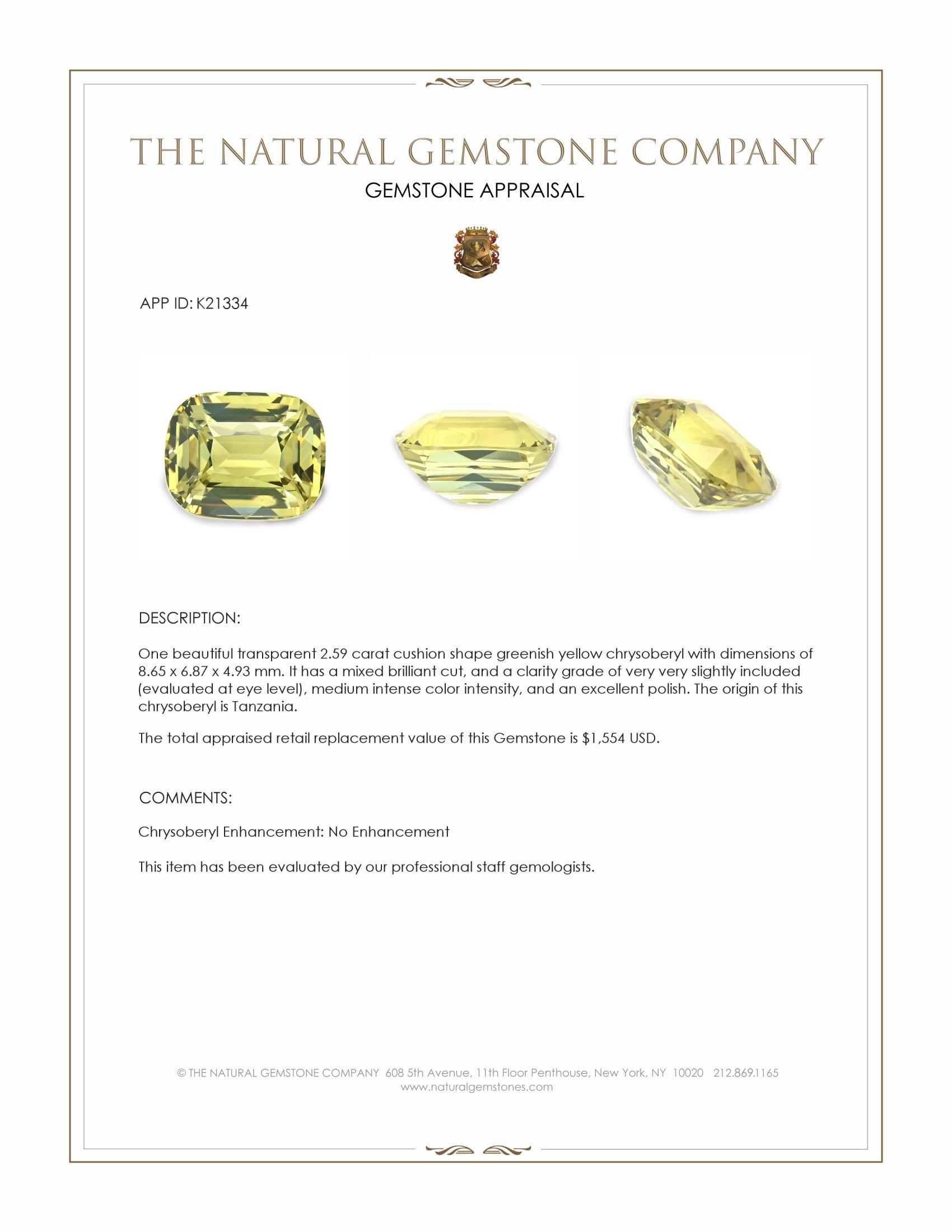 2.59 Ct. Chrysoberyl from Tanzania