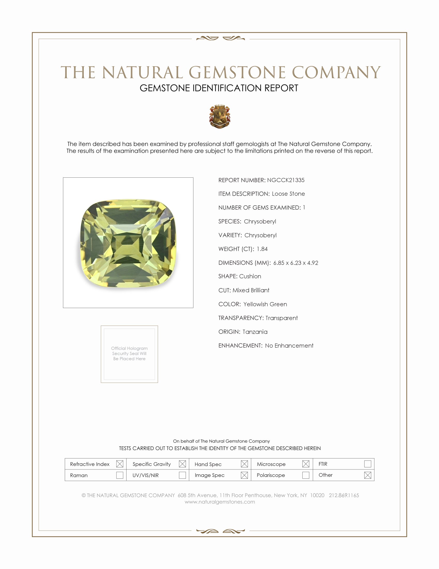 1.84 Ct. Yellowish Green Chrysoberyl from Tanzania