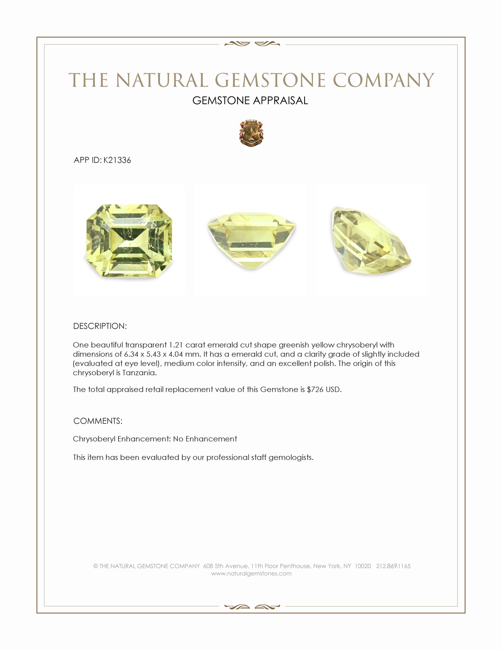 1.21 Ct. Chrysoberyl from Tanzania