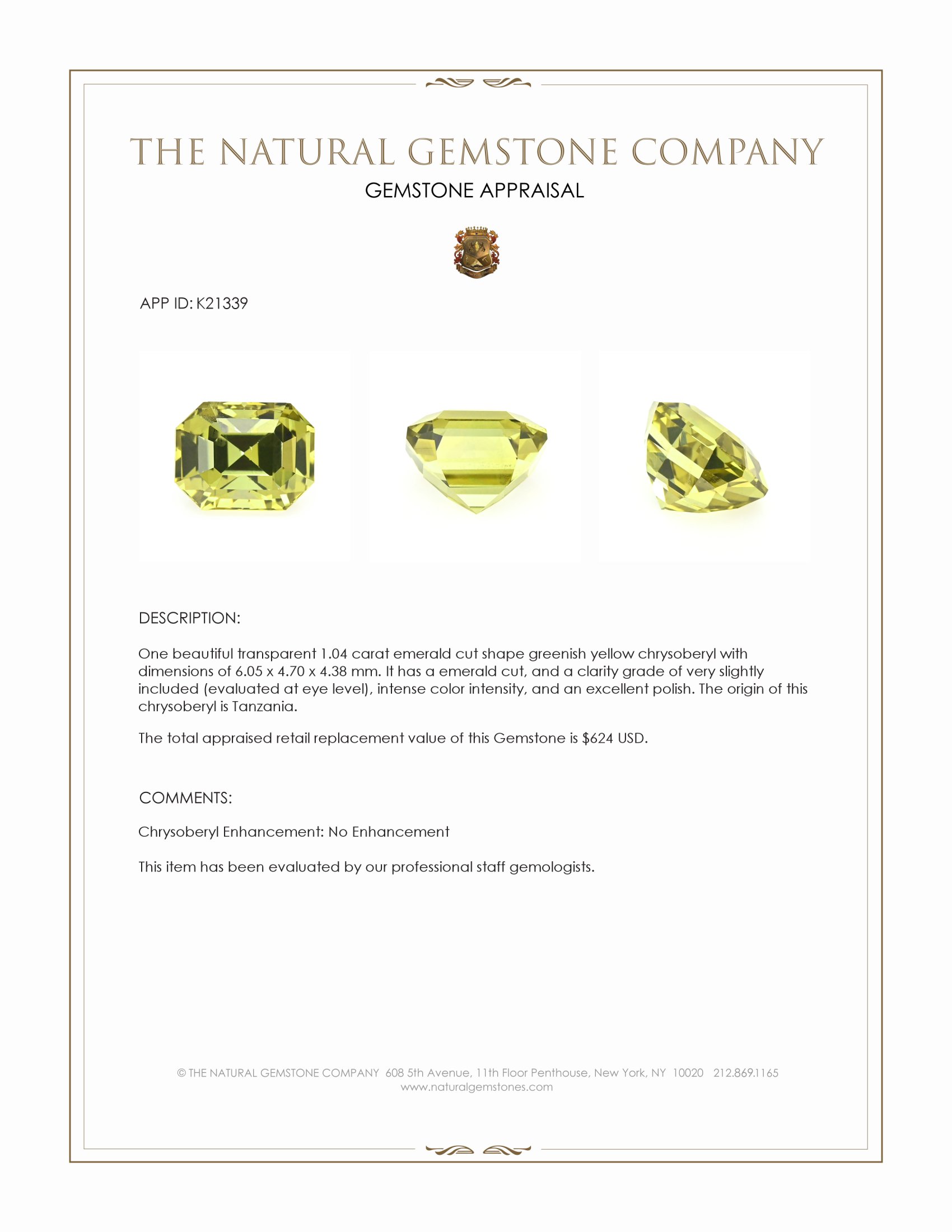 1.04 Ct. Chrysoberyl from Tanzania