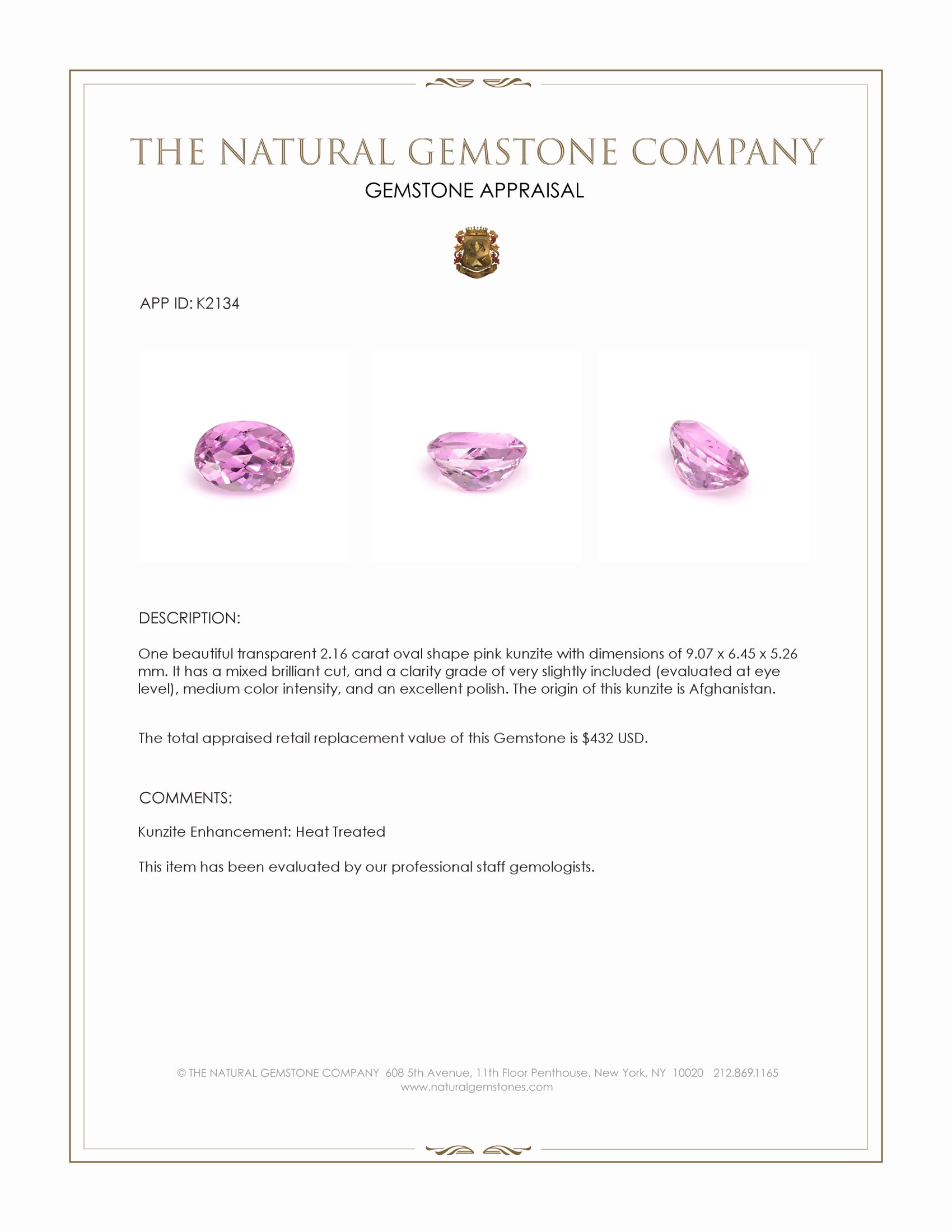 2.16 Ct. Kunzite from Afghanistan