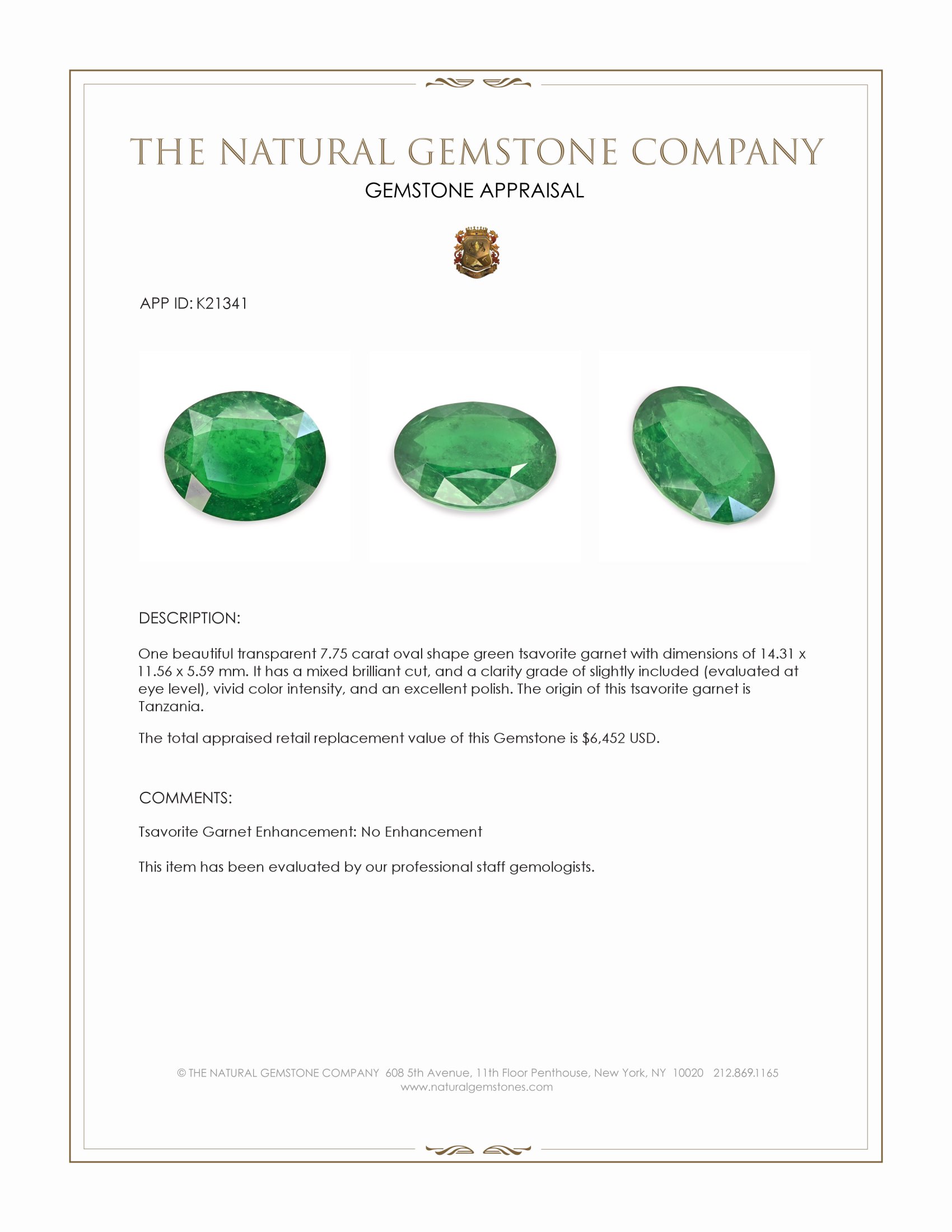 7.75 Ct. Tsavorite Garnet from Tanzania