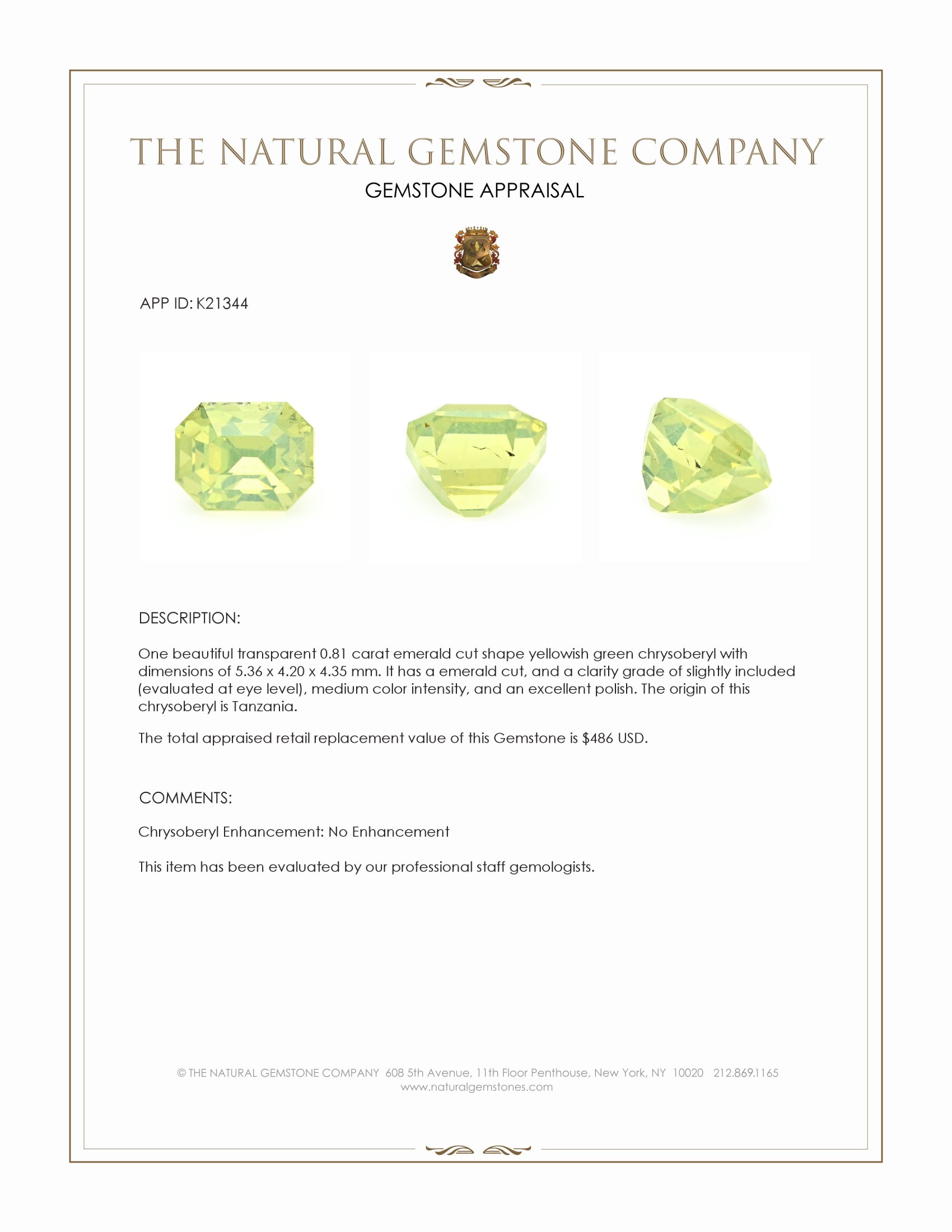 0.81 Ct. Yellowish Green Chrysoberyl from Tanzania