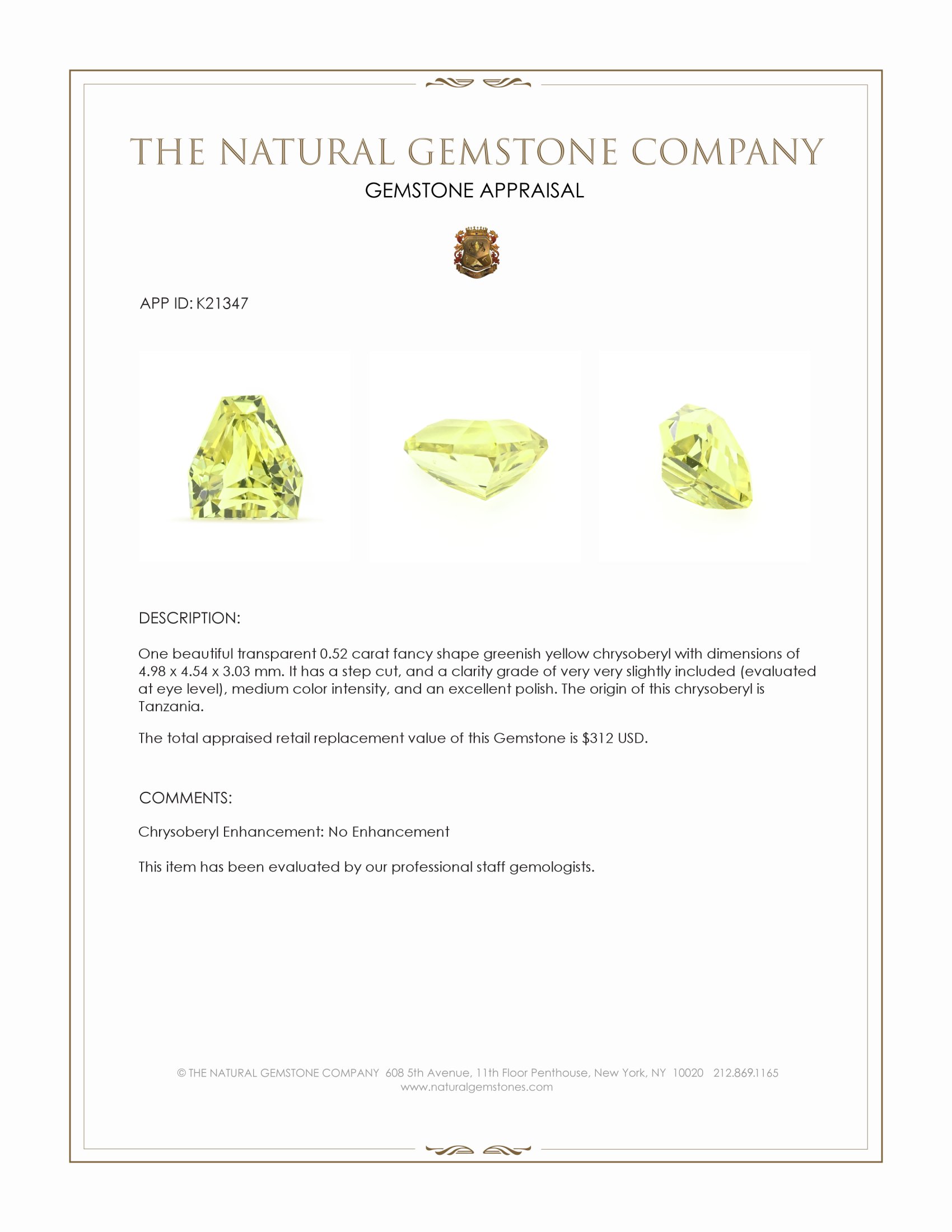0.52 Ct. Chrysoberyl from Tanzania